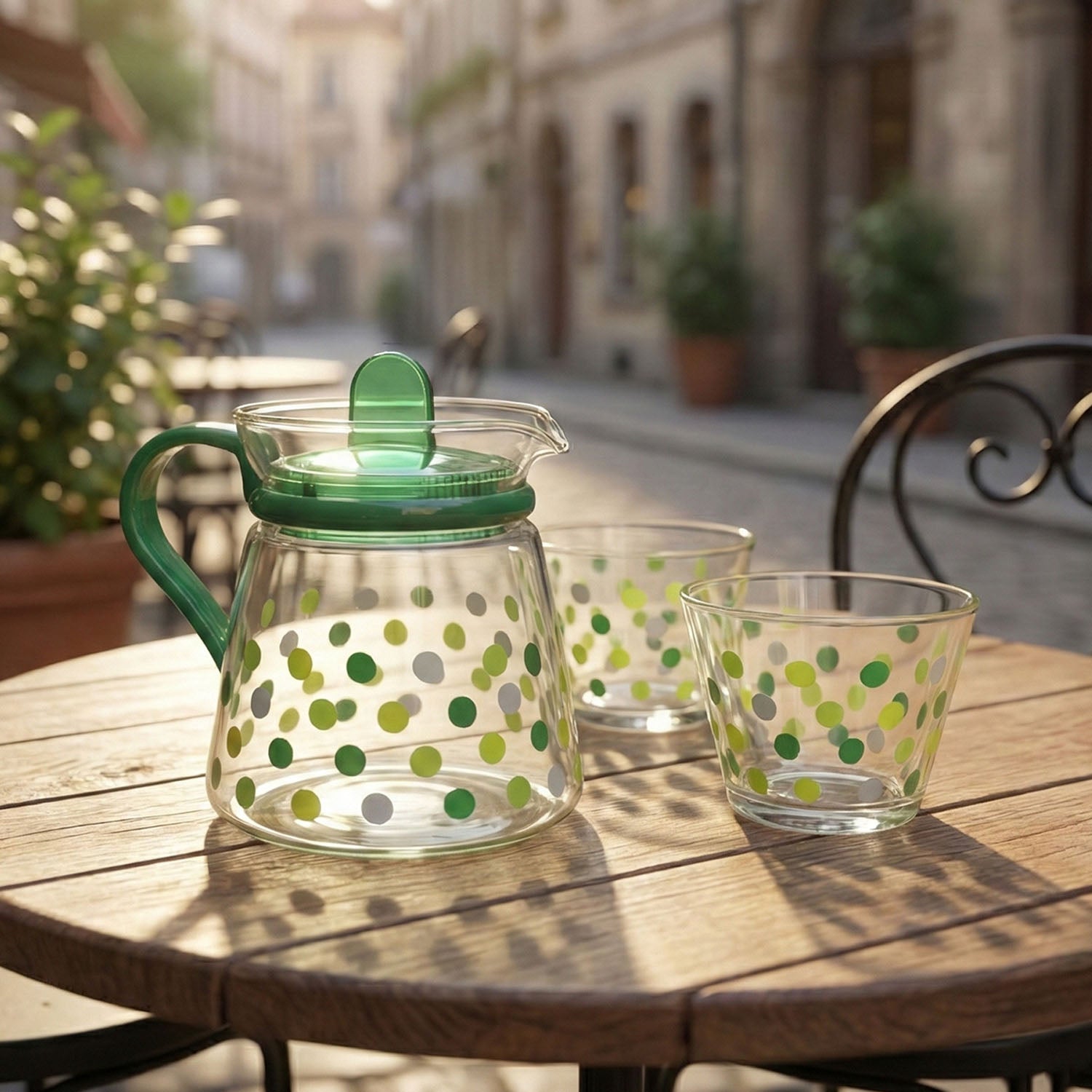 Decorative glass tea set with elegant polka dot pattern on table
