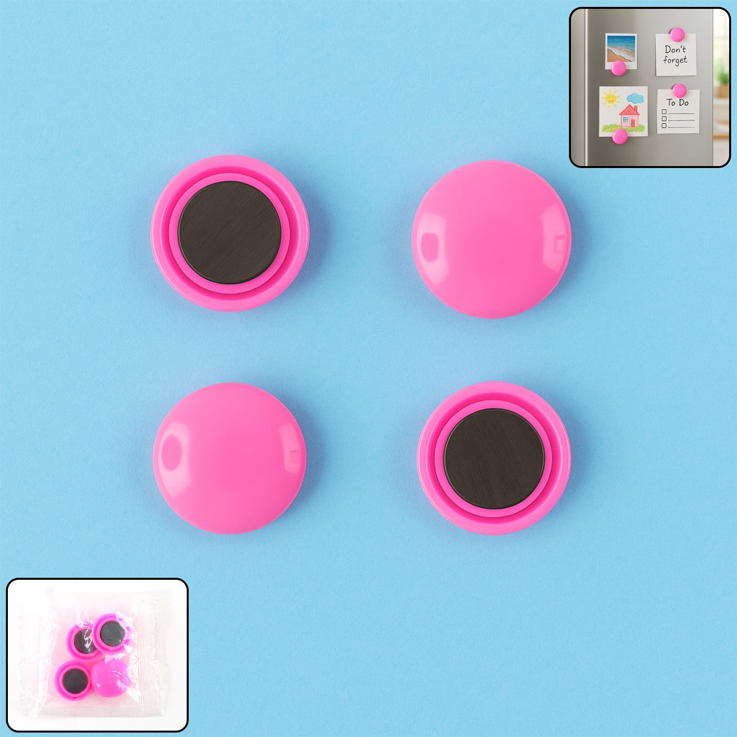 Round Fridge Magnets in a pack of four, showcasing vibrant colors on a white background.