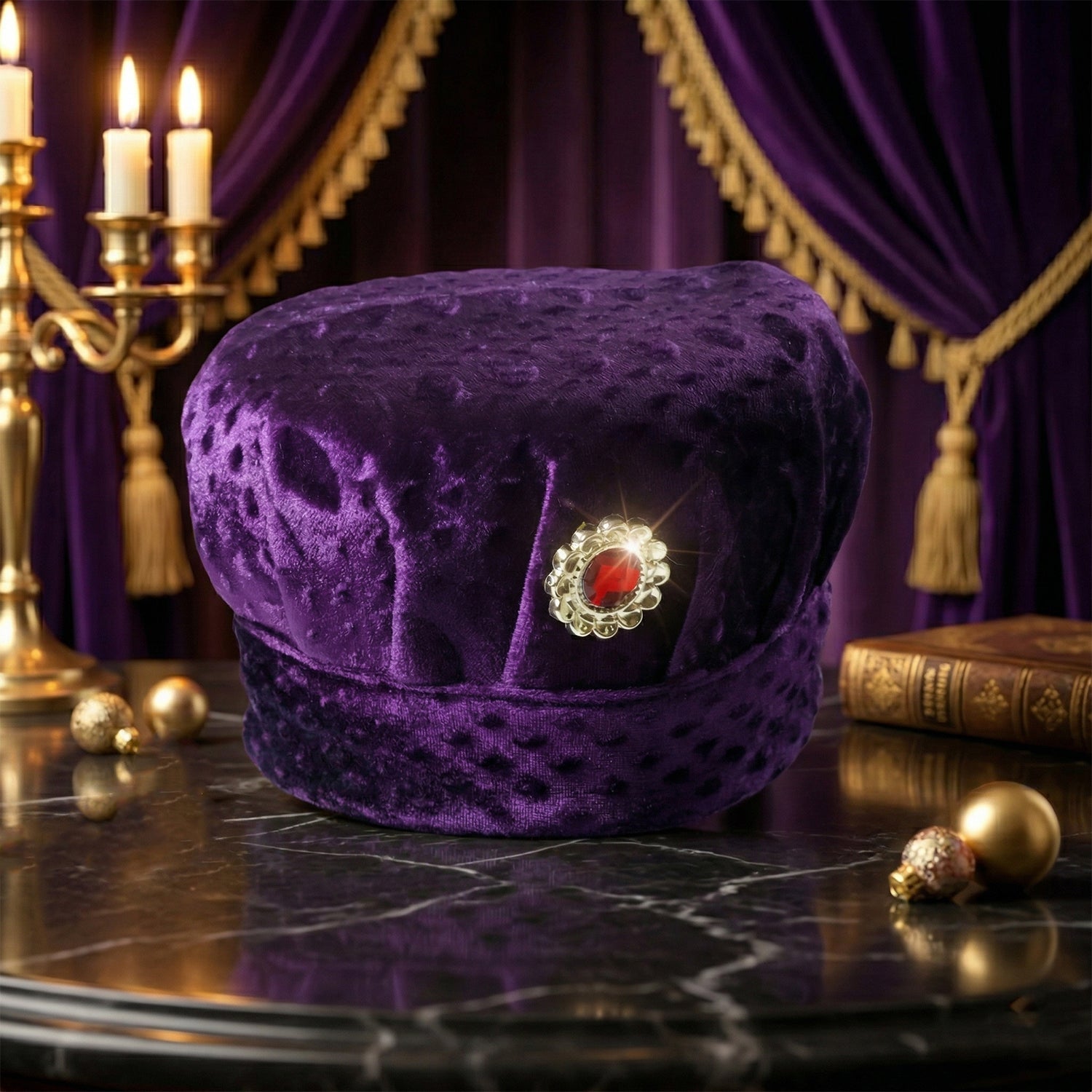 Close-up of decorative stone brooch on velvet boys cap