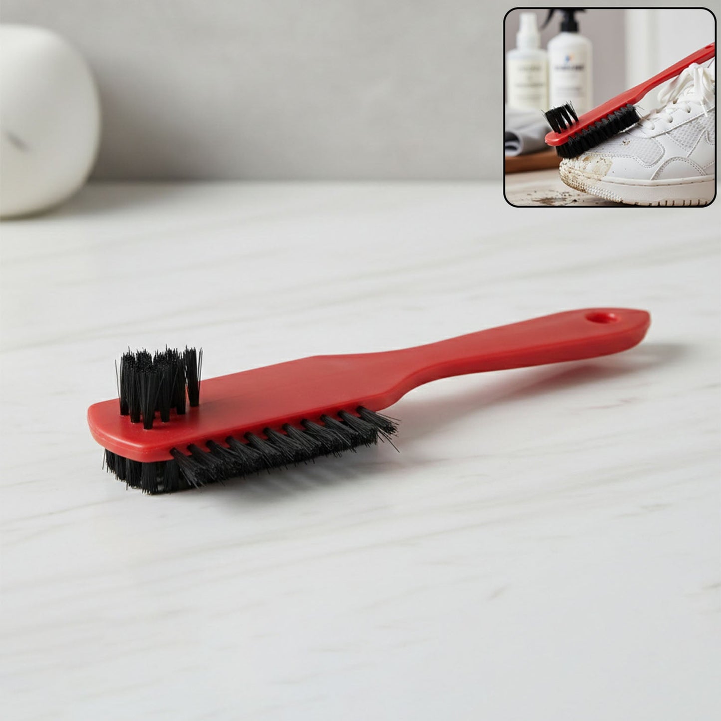 Dual-sided shoe cleaning brush with ergonomic handle for comfortable grip
