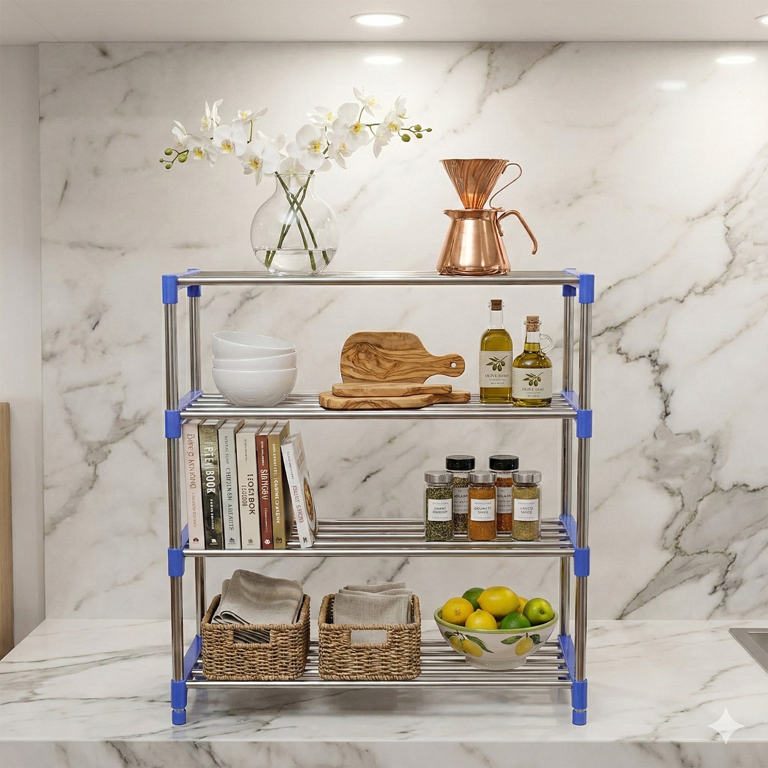 Assembled 4-layer shoe rack organizer viewed from an angle