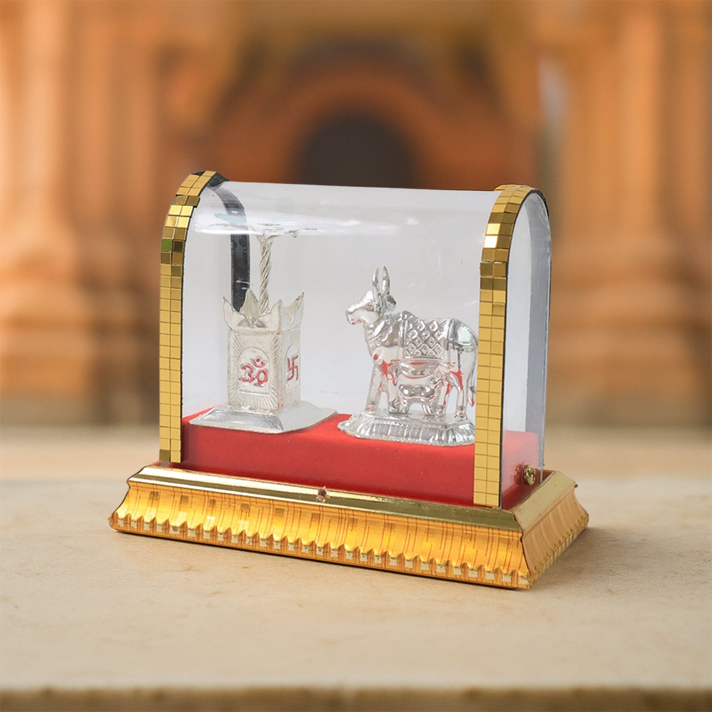 Acrylic enclosed Kamdhenu cow and Tulsi plant idol showpiece for pooja