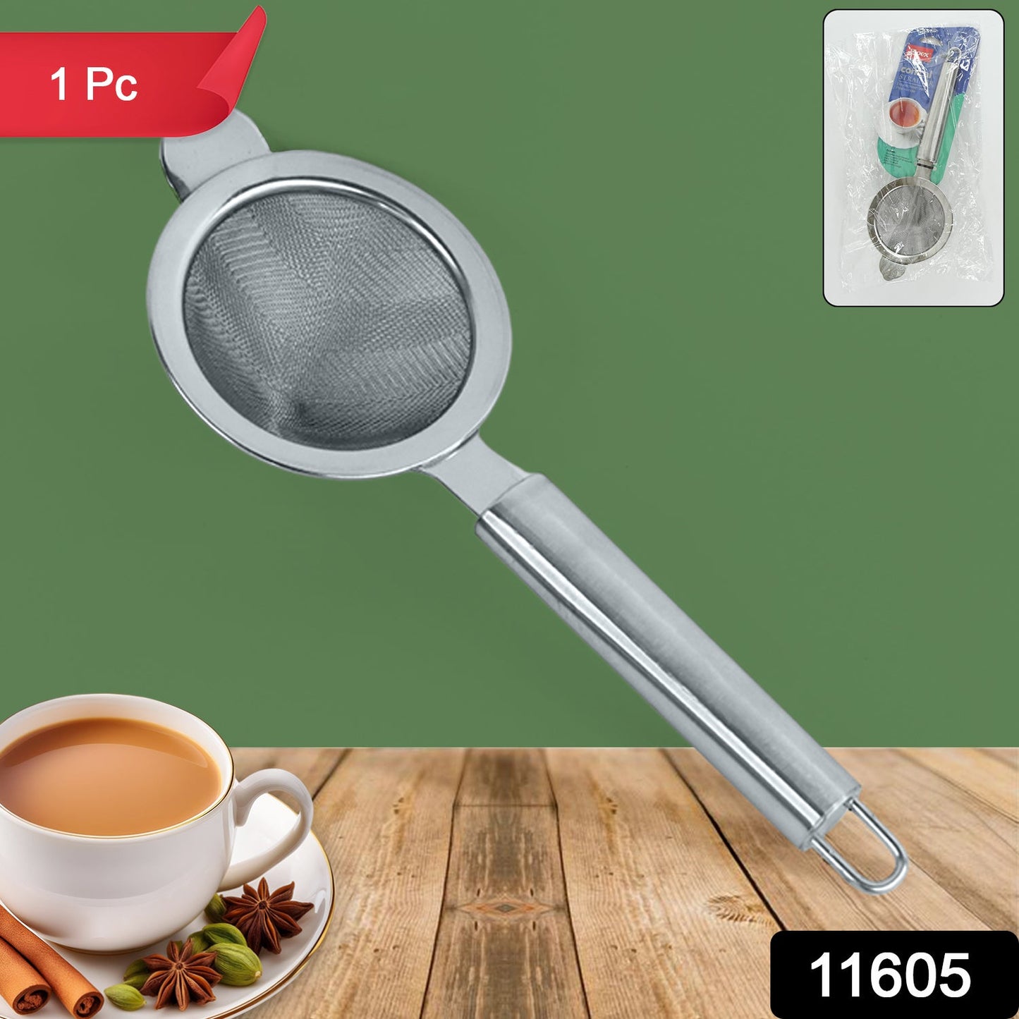 Close-up of stainless steel tea strainer handle with pipe grip