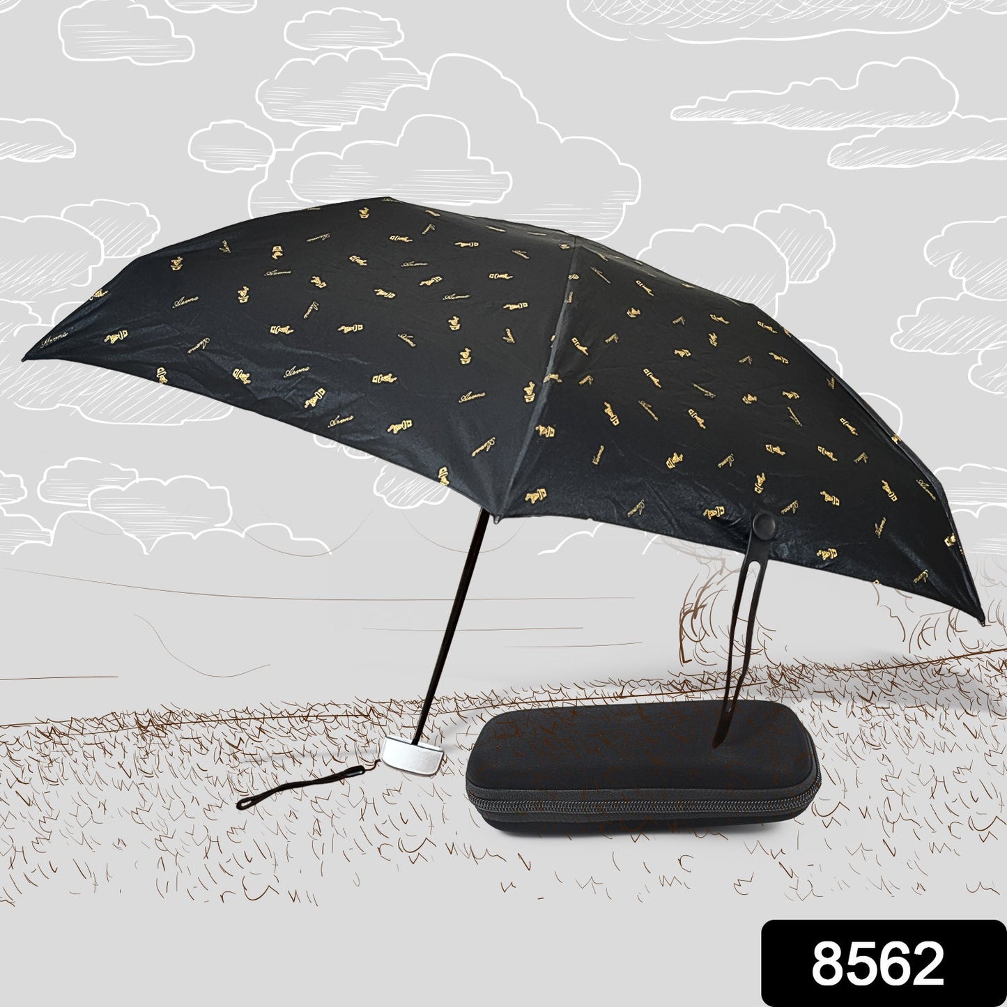 Comparison shot of the folded compact umbrella with a small water bottle, emphasizing its travel-friendly size.
