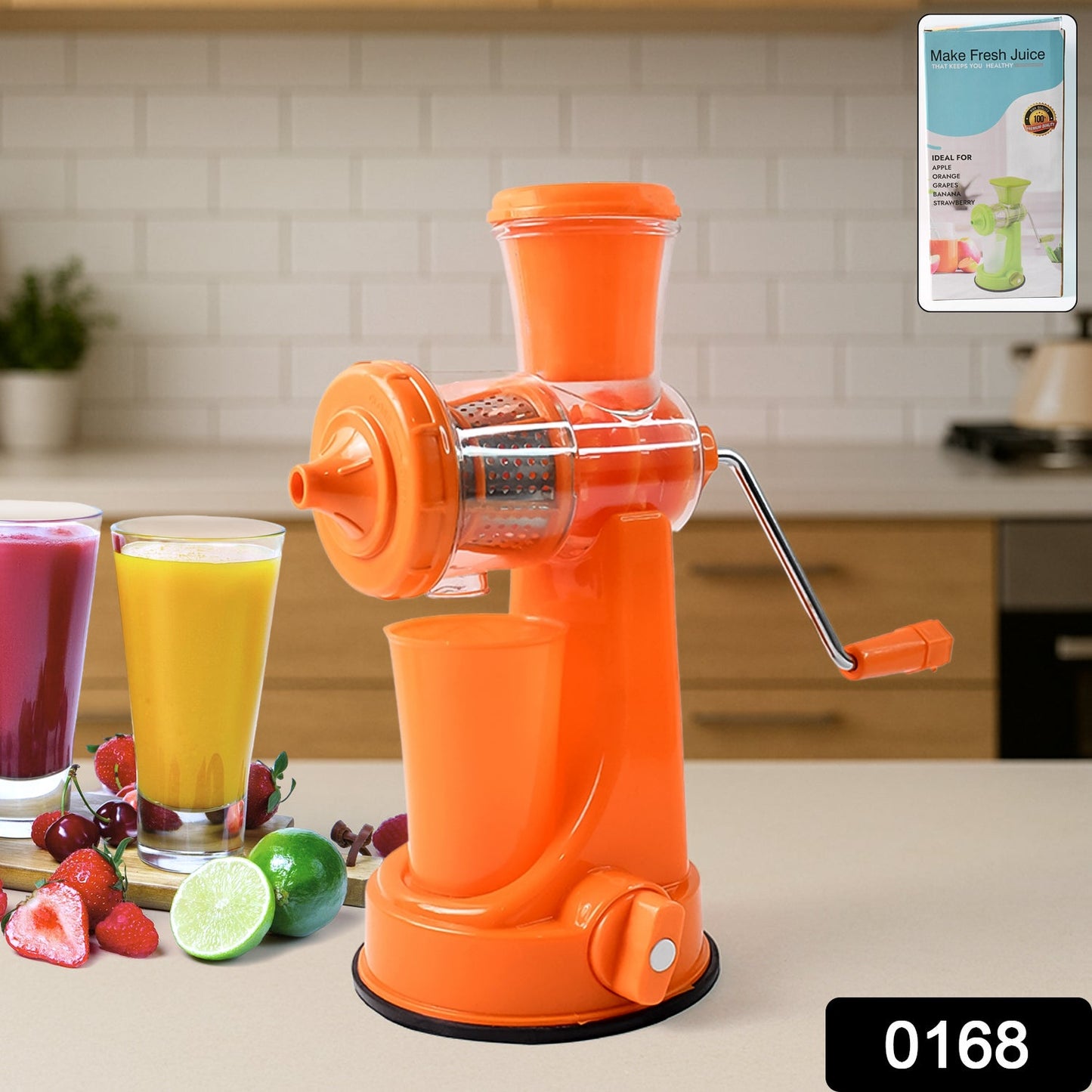 Disassembled Manual Fruit Juicer showing its easy-to-clean parts and juice cup.