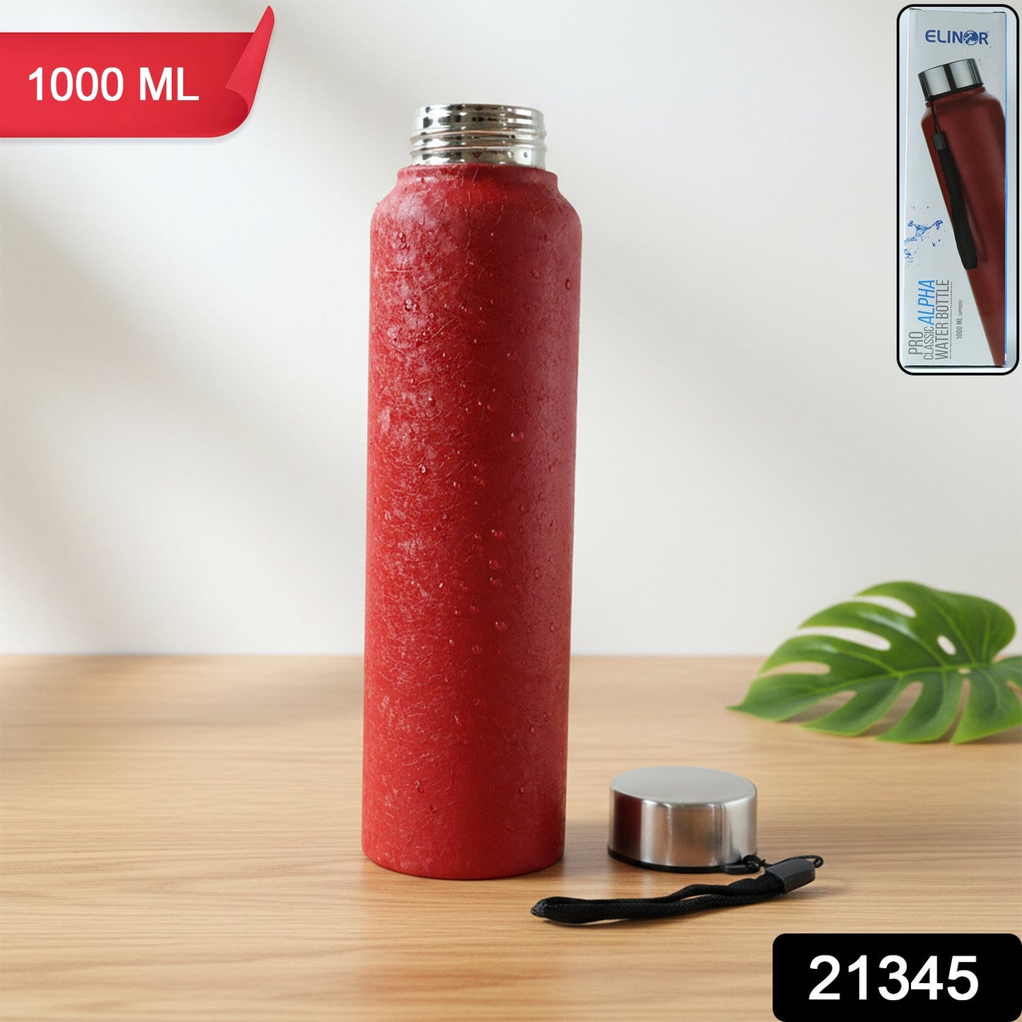 Angled side view of red insulated stainless steel water bottle