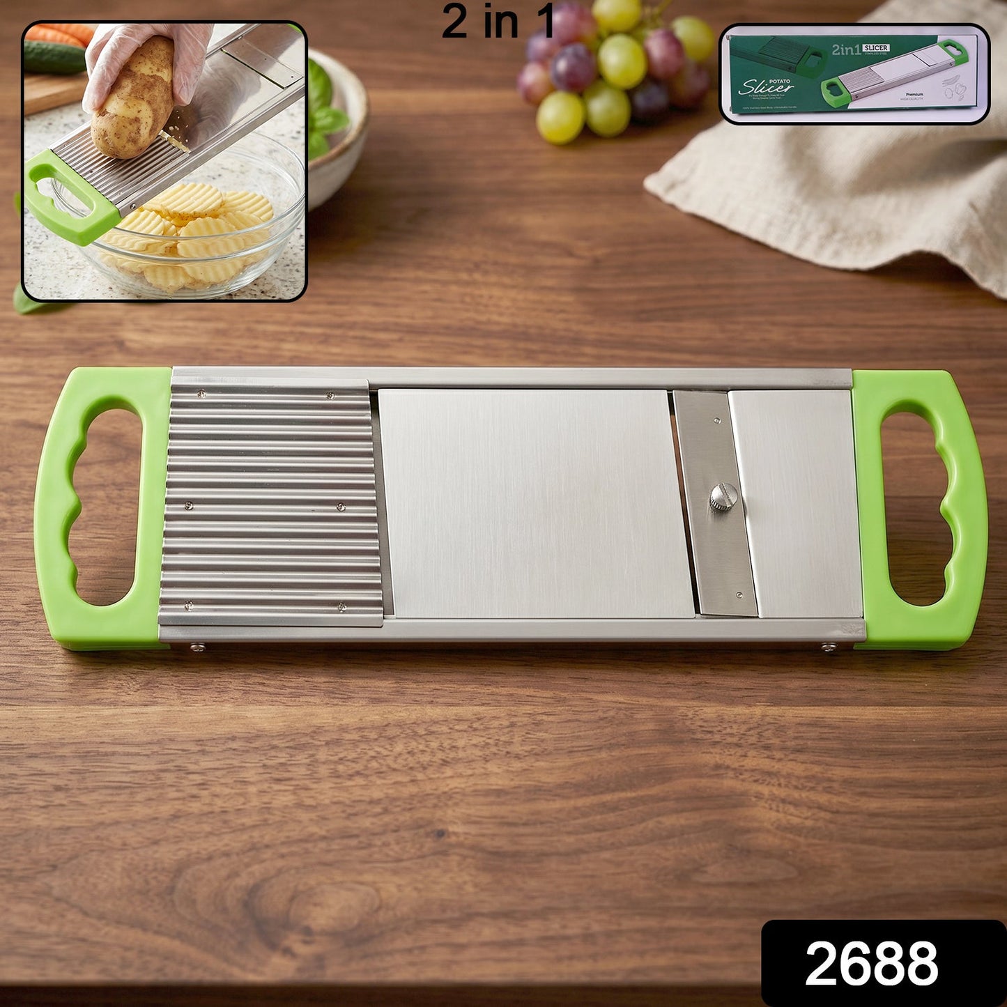 Close-up of the potato slicer's stainless steel blade, ready for cutting vegetables.