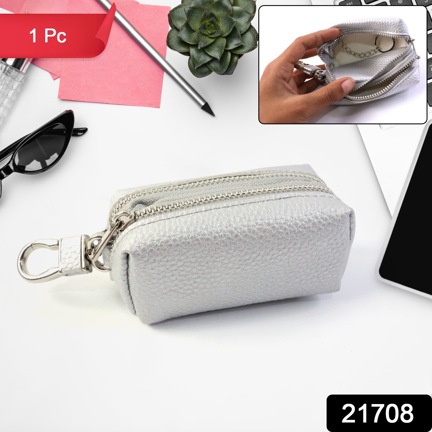 Mini coin purse styled key holder pouch with metal clip attachment
