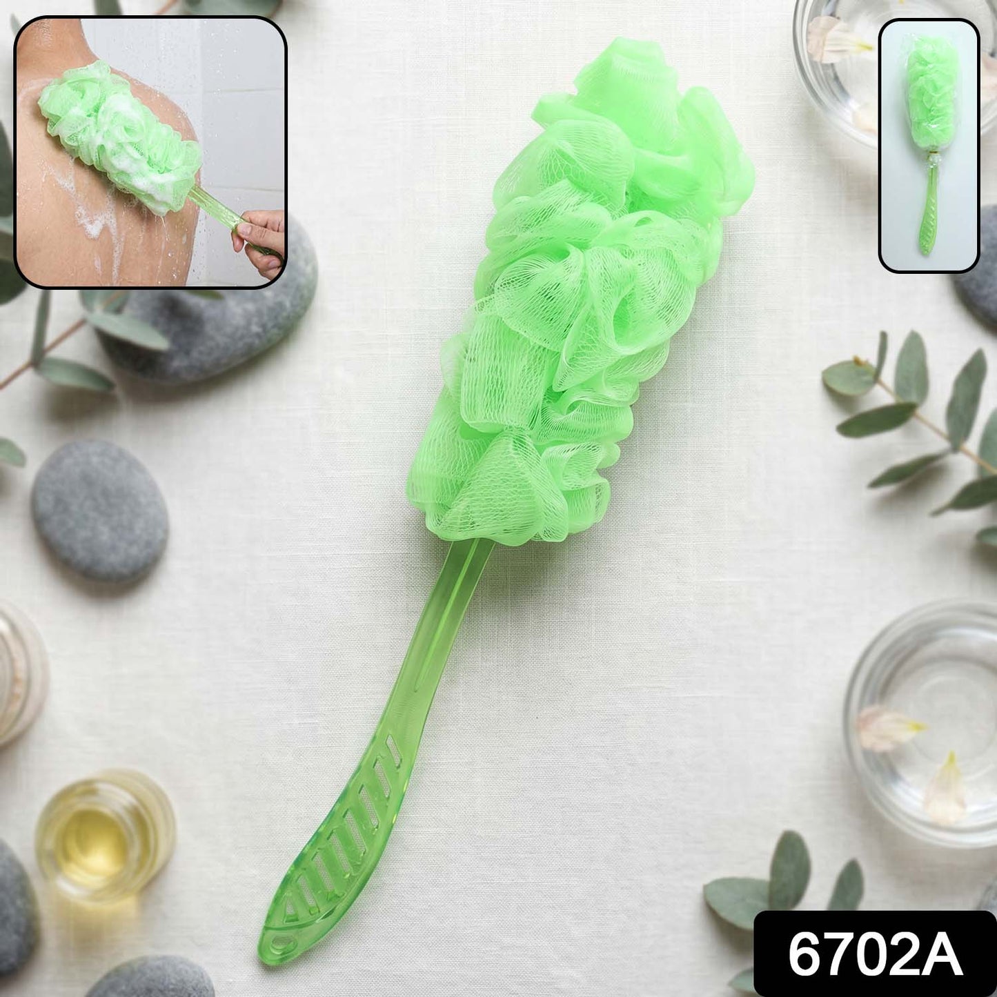 Long handle back scrubber featuring a soft mesh sponge and ergonomic grip.