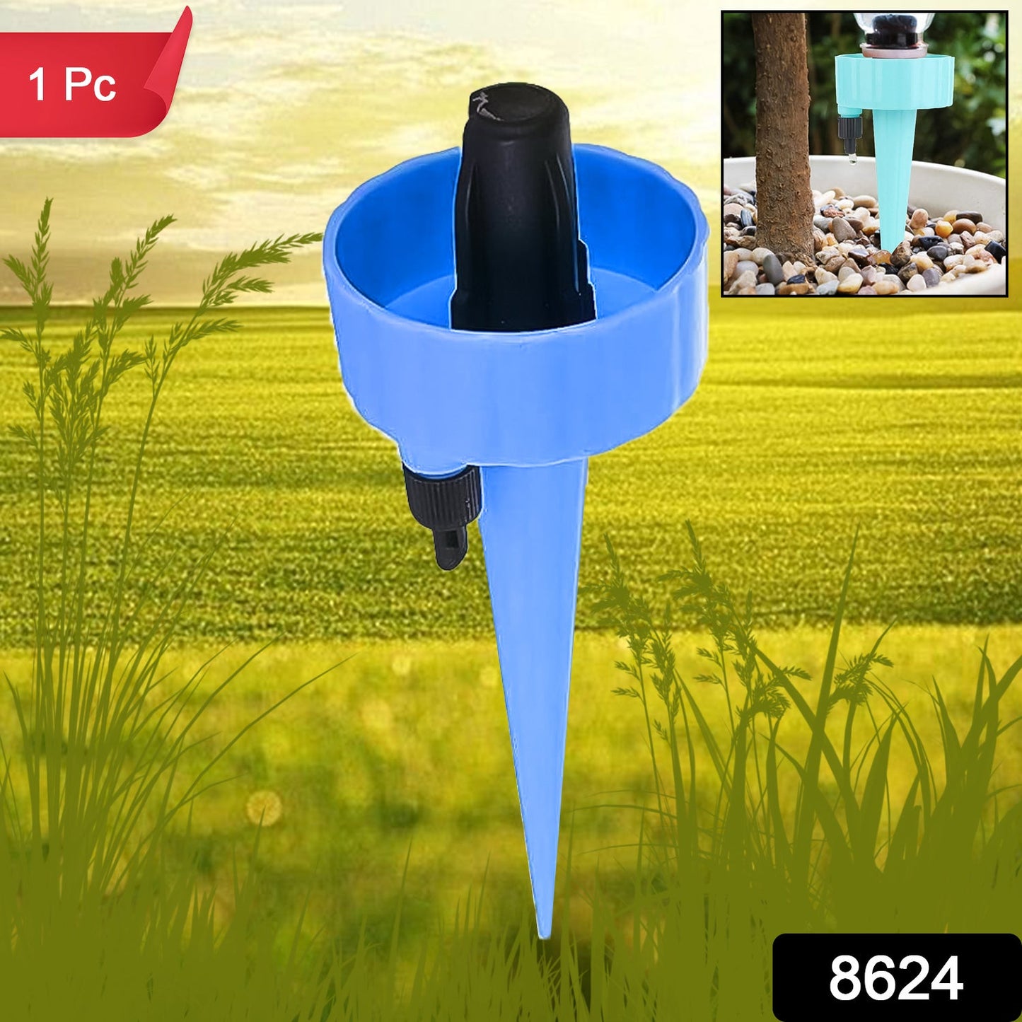 A set of multi-colored auto plant watering devices, ready to provide drip irrigation for various plants.