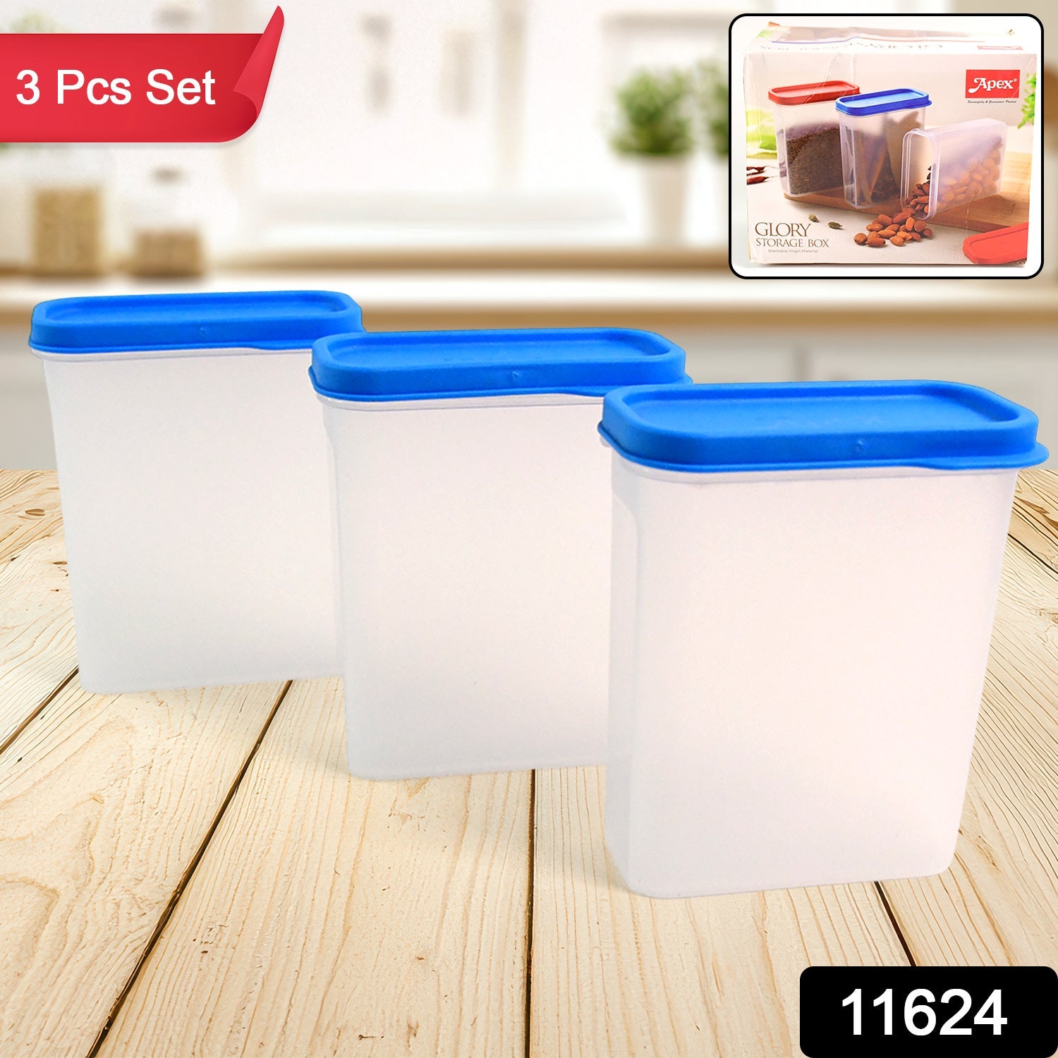 Stacked Apex Glory transparent food storage containers with blue airtight lids