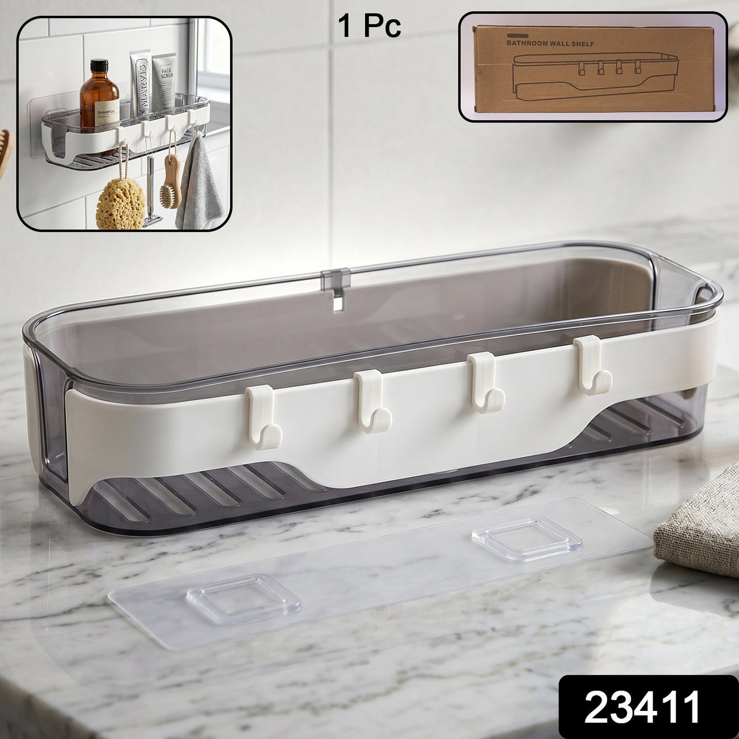 Clear plastic wall shelf with hooks, ideal for organizing bathroom essentials
