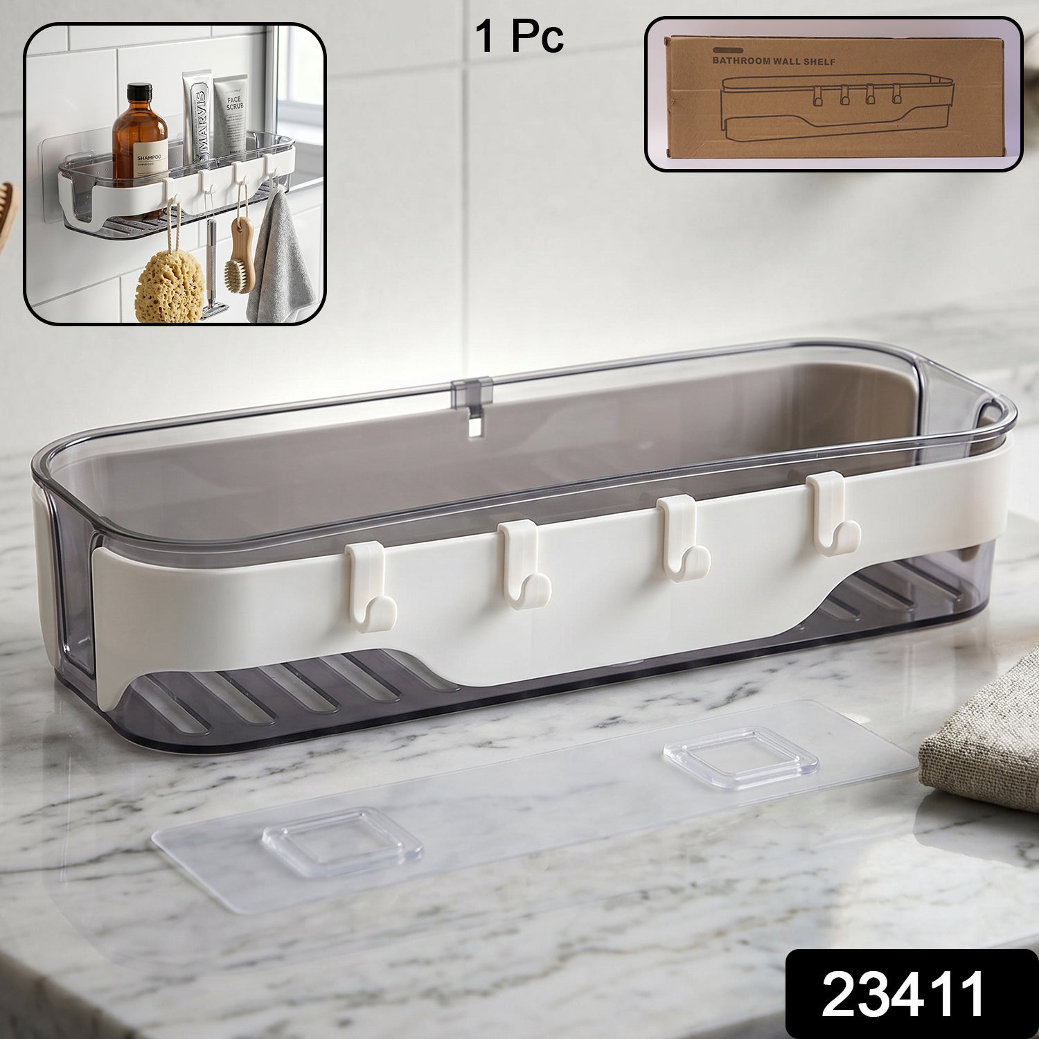 Clear plastic wall shelf with hooks, ideal for organizing bathroom essentials
