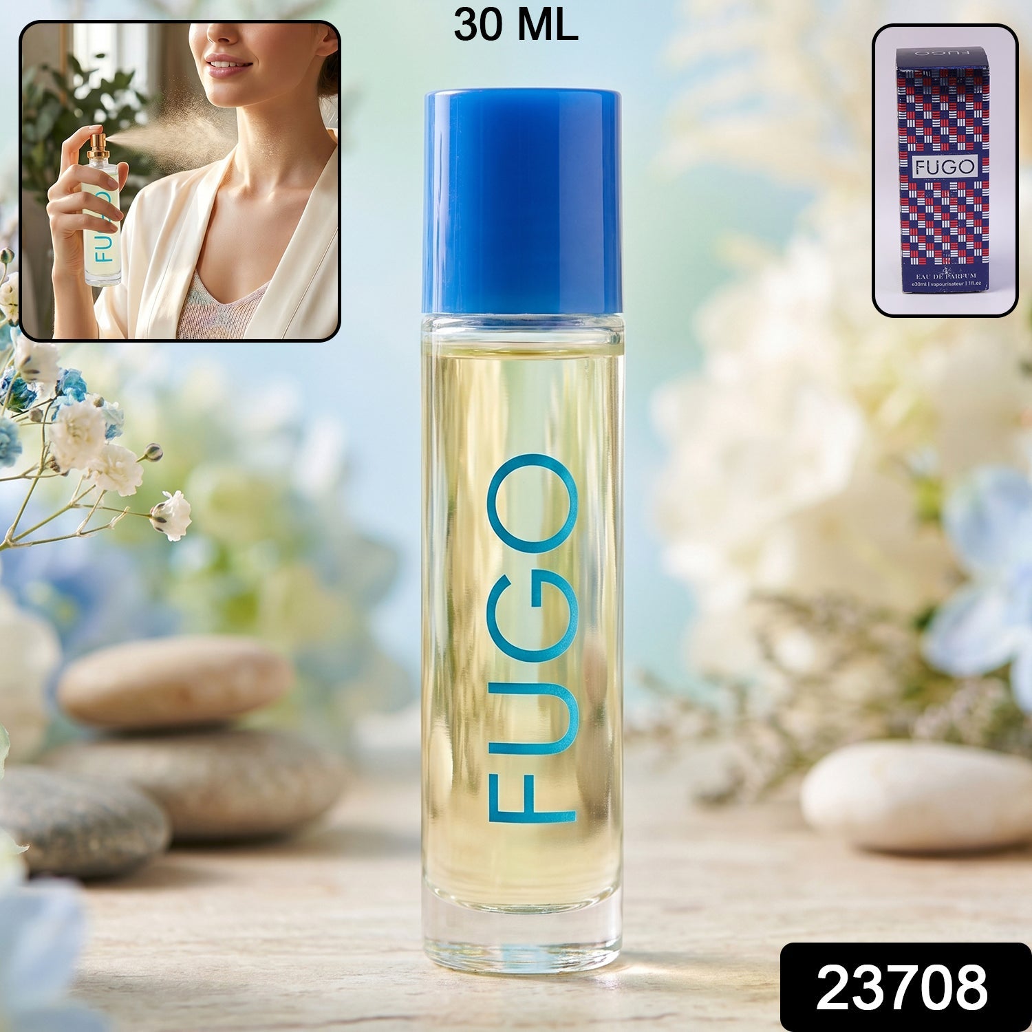 Close-up of Fugo Eau De Parfum spray bottle showcasing sleek design