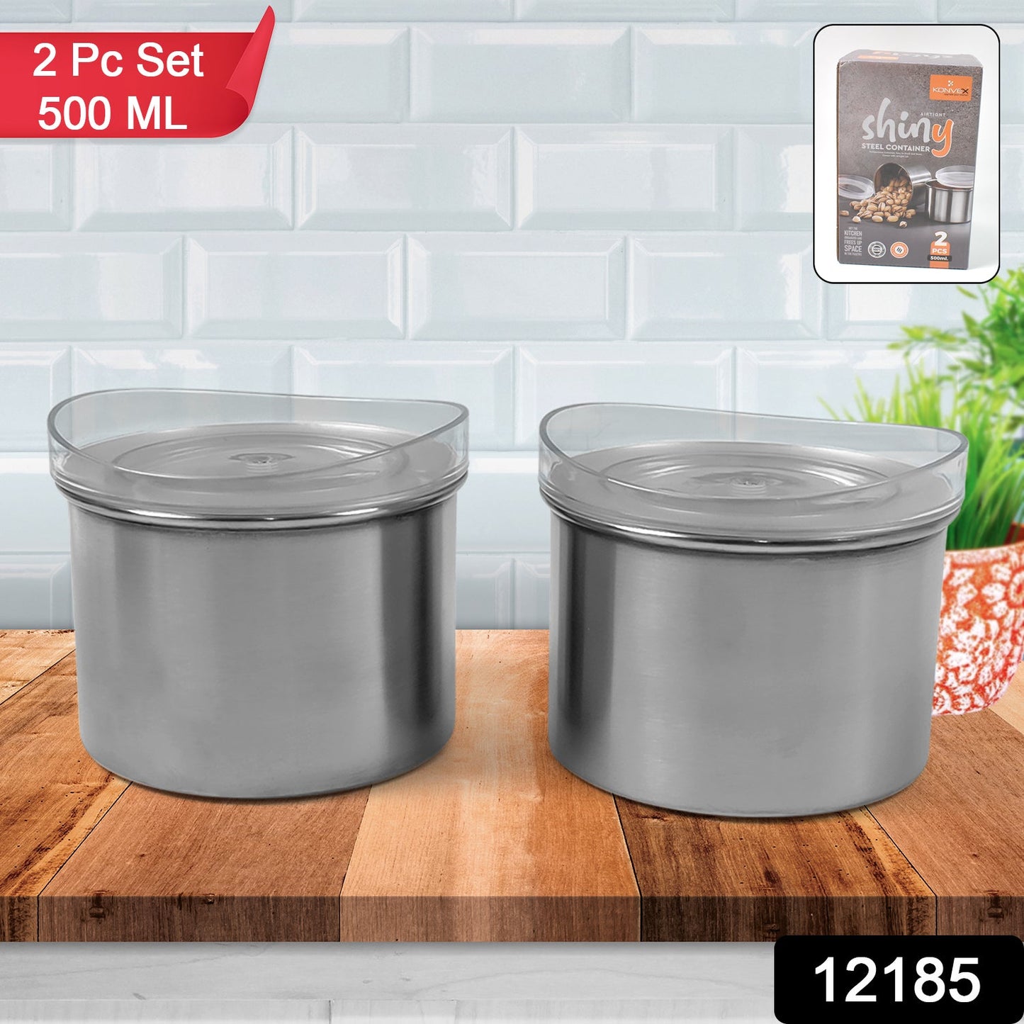 Top-down view of a set of two 500ml Konvex airtight stainless steel food storage containers.