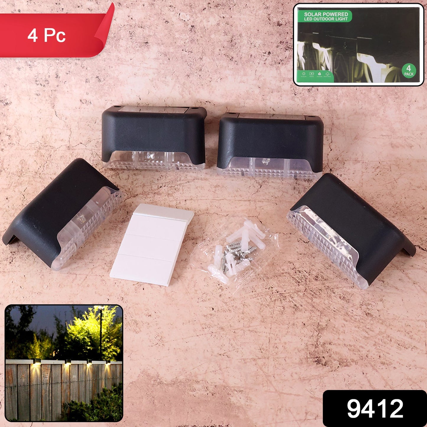 Waterproof solar railing lights illuminating an outdoor staircase at night.