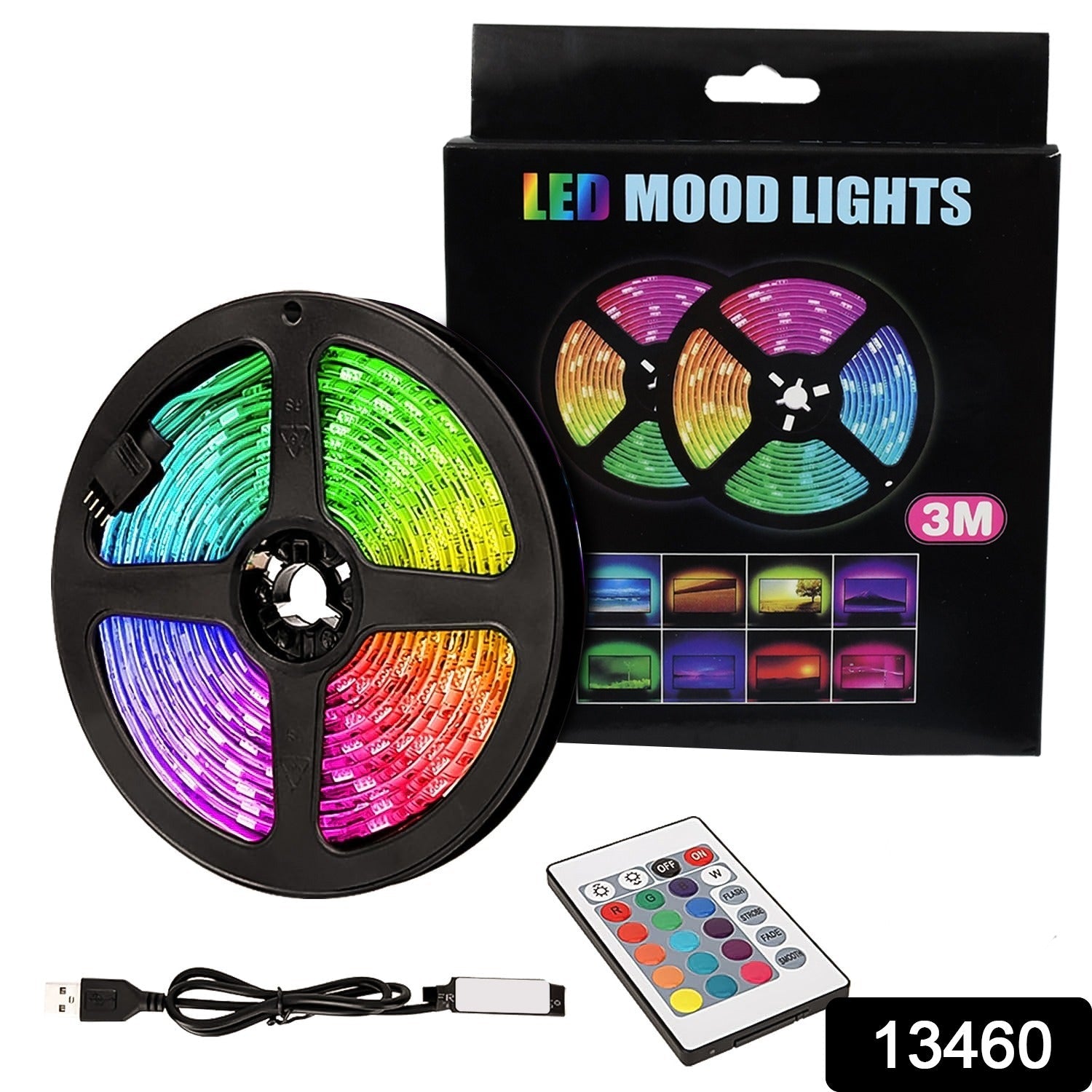Close-up of the multi-colour RGB LED strip lights showcasing vibrant hues.