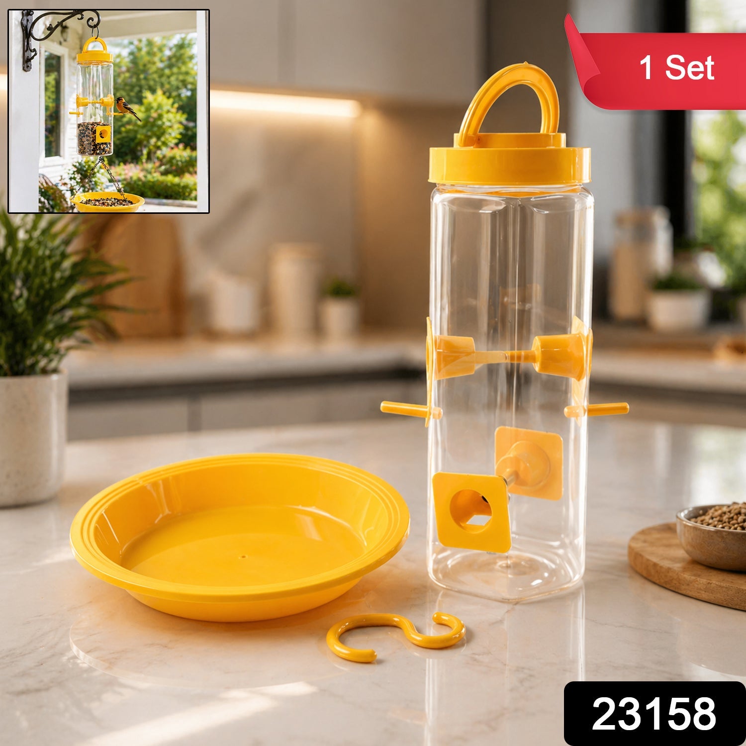 Close-up of hanging bird feeder showing feeding ports