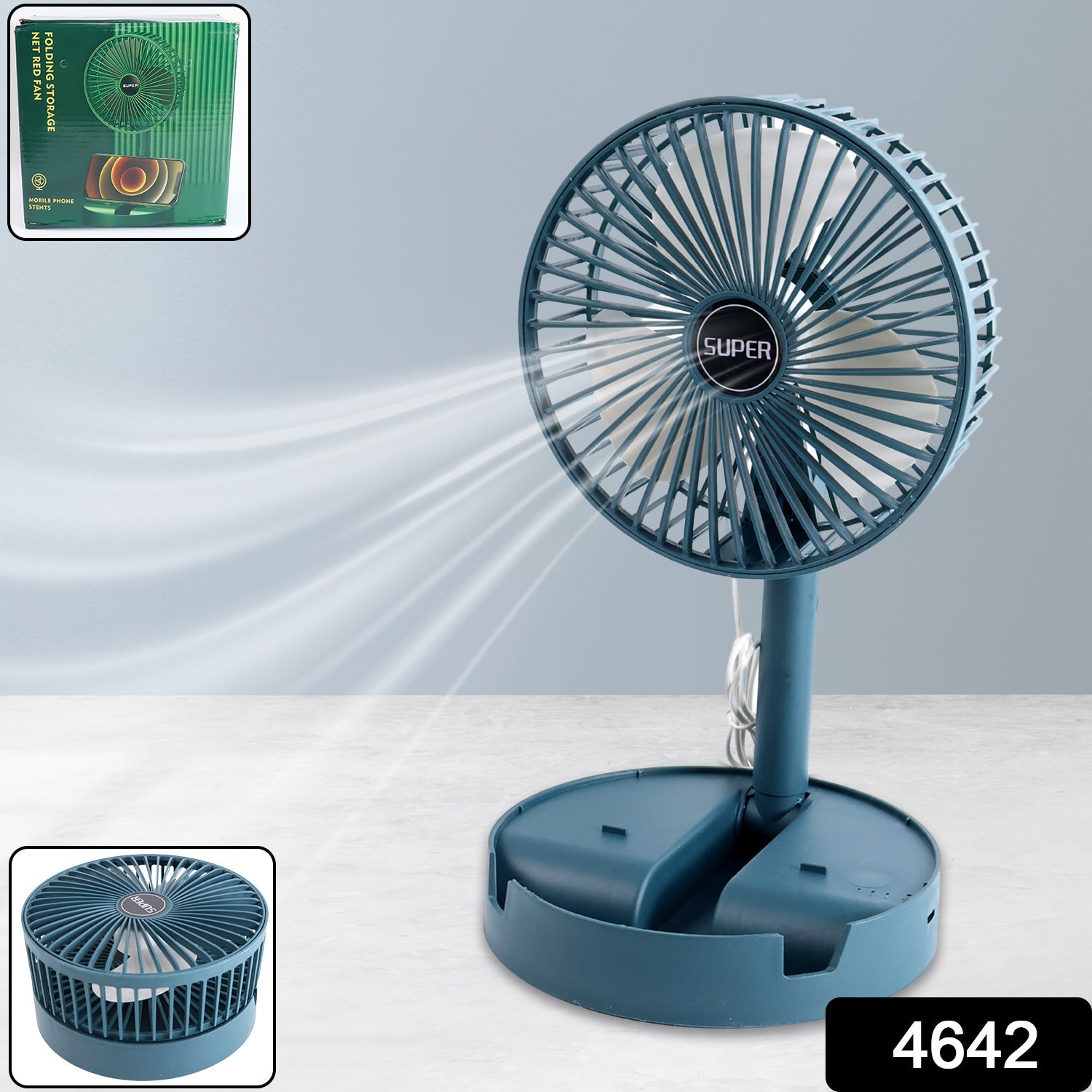 A blue Portable Desktop Fan placed on an office desk, ready for personal cooling.