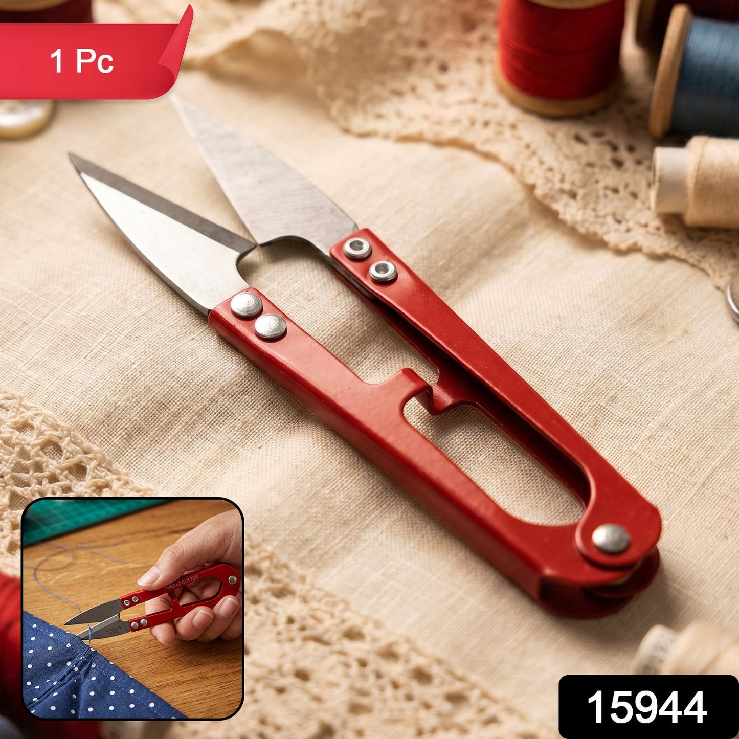 Thread cutter scissors trimming fabric in sewing and crafting