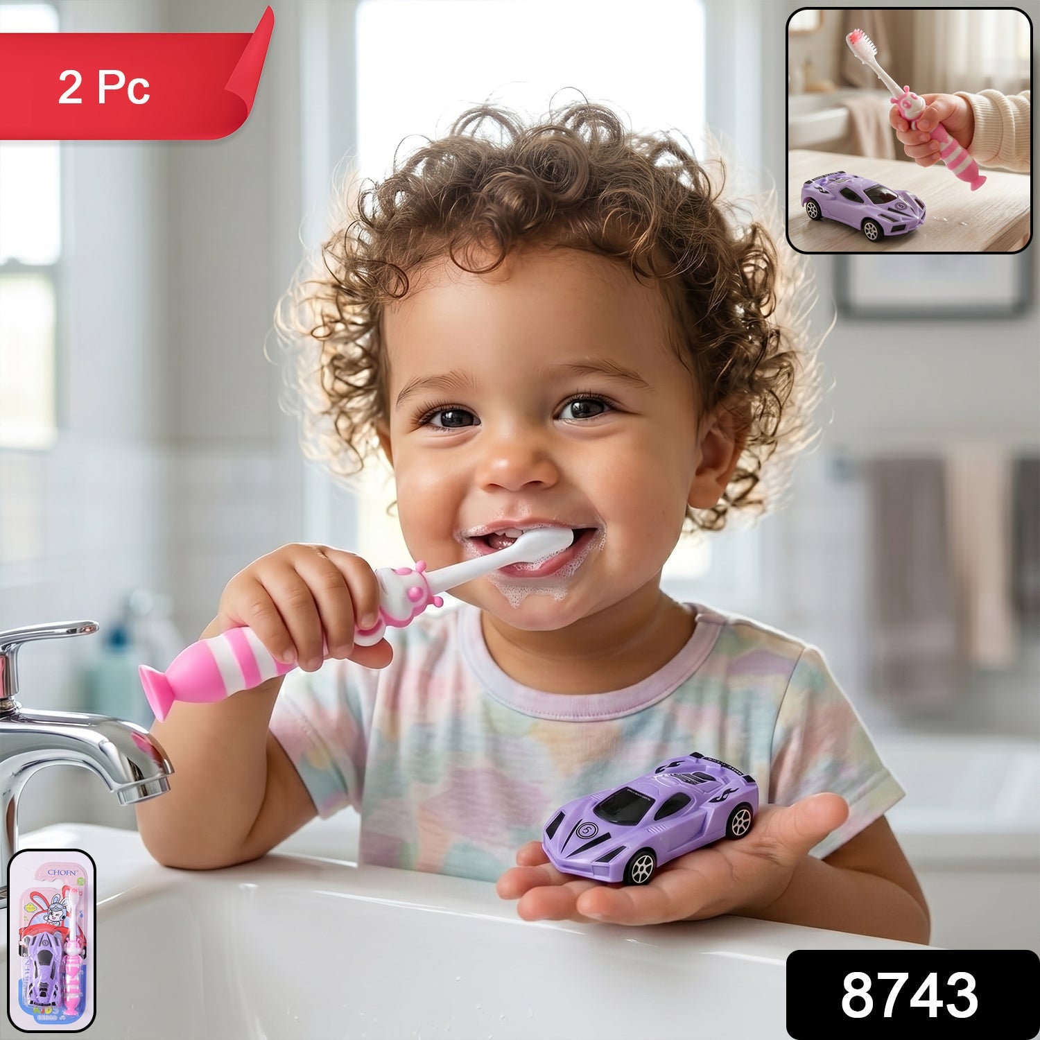 Colorful cartoon car toothbrush set for kids, easy to hold