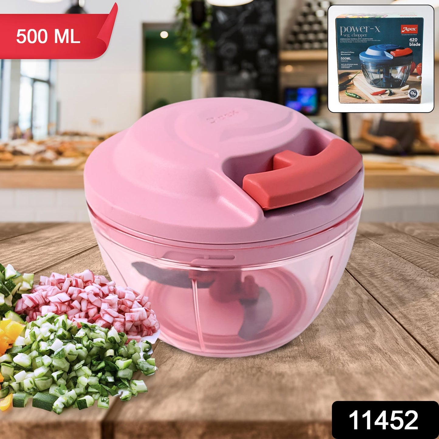 Manual vegetable chopper with anti-slip base in kitchen setting