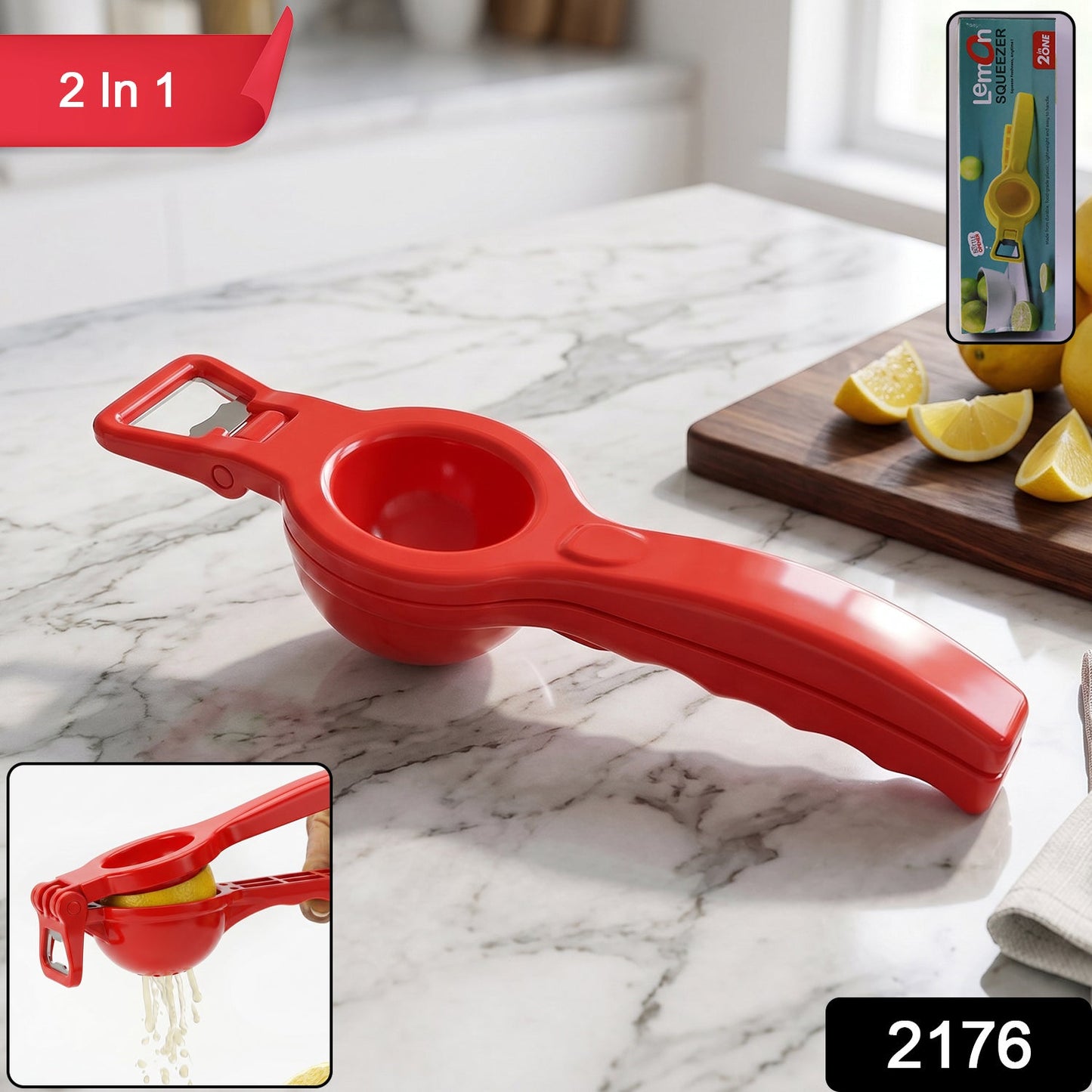 Hand holding the lemon squeezer to extract fresh juice from a lemon.