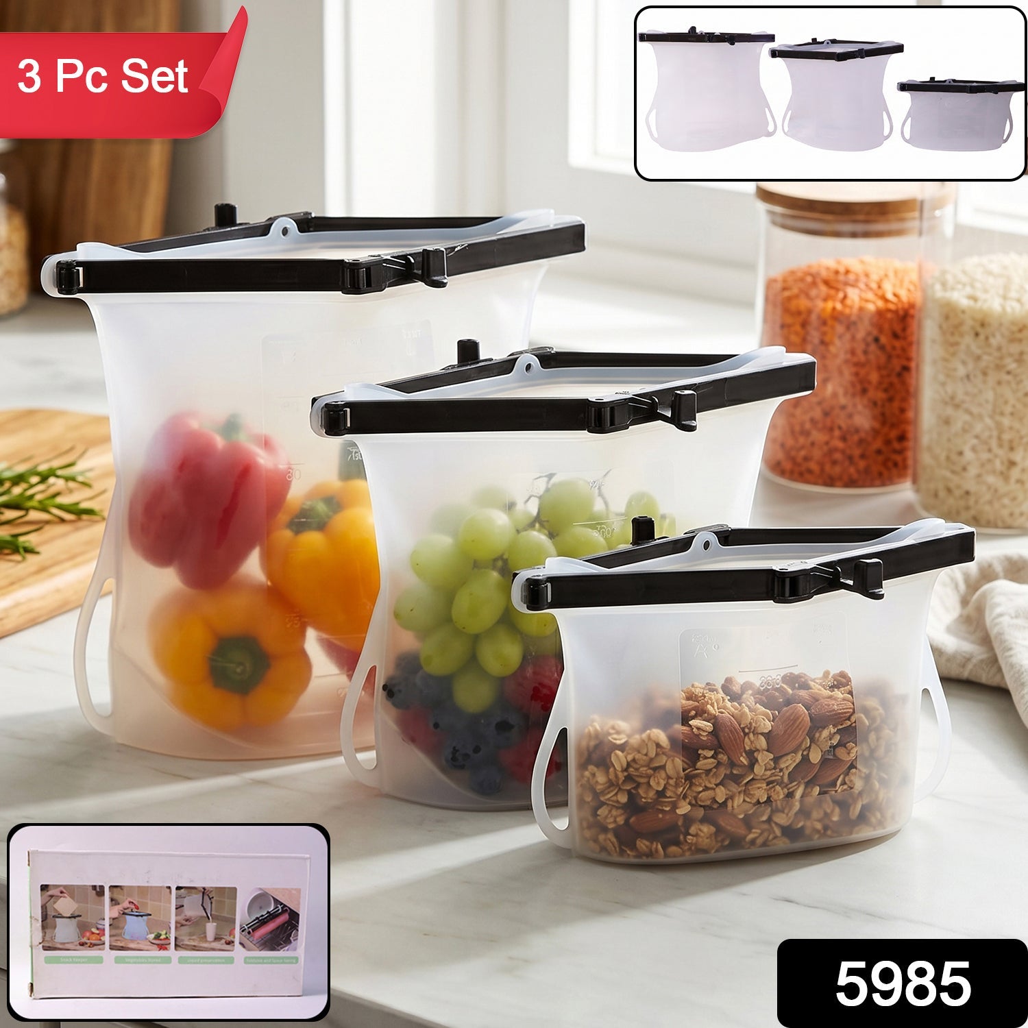 Assorted sizes of eco-friendly silicone food storage pouches for fresh produce.
