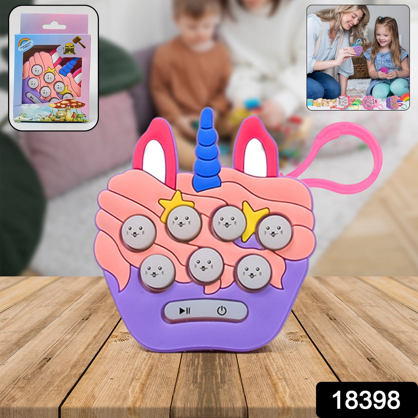 Child playing with the portable Mini Push Bubbles Game, a fun memory challenge.