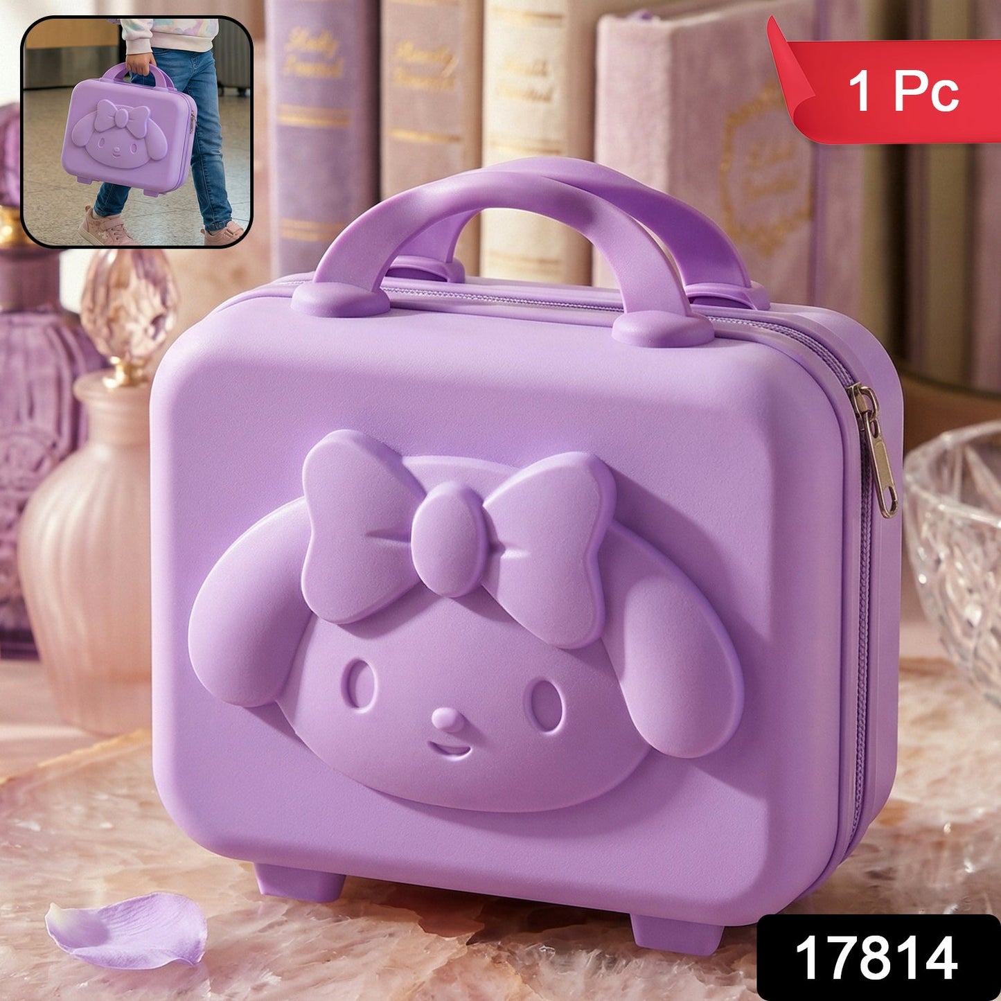 Kids bear hard shell carry case with handle and embossed bear face in pastel colors