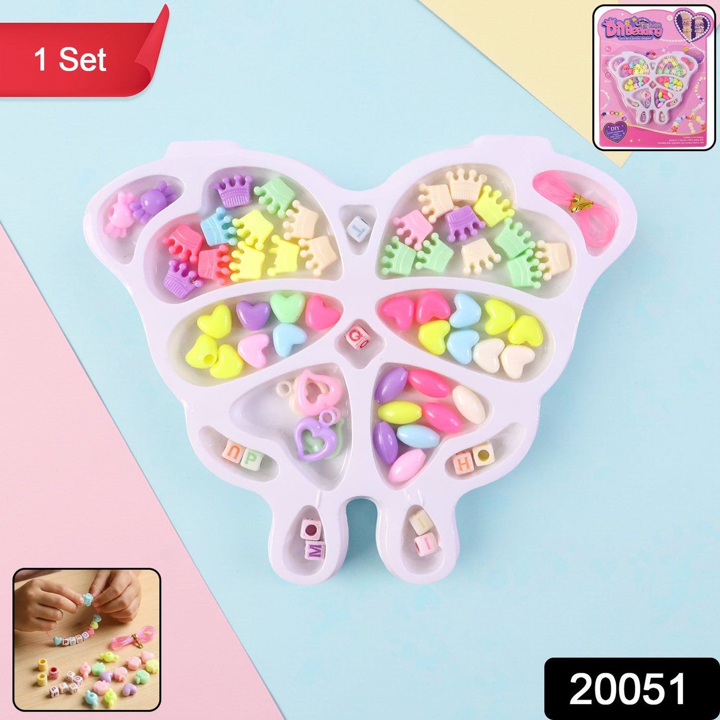 Kids bead making set featuring crown and heart shaped beads in butterfly organizer