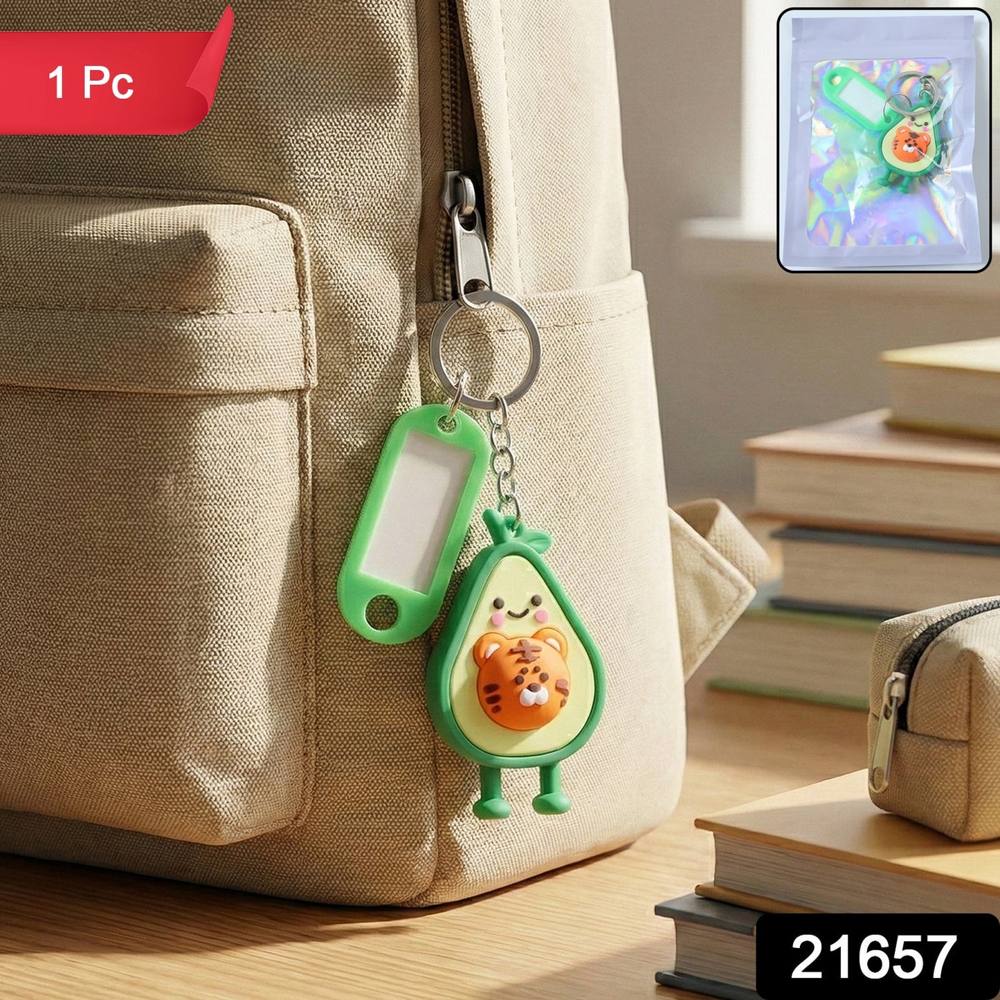 Close-up of cartoon character keychain charm with ID tag and metal key ring