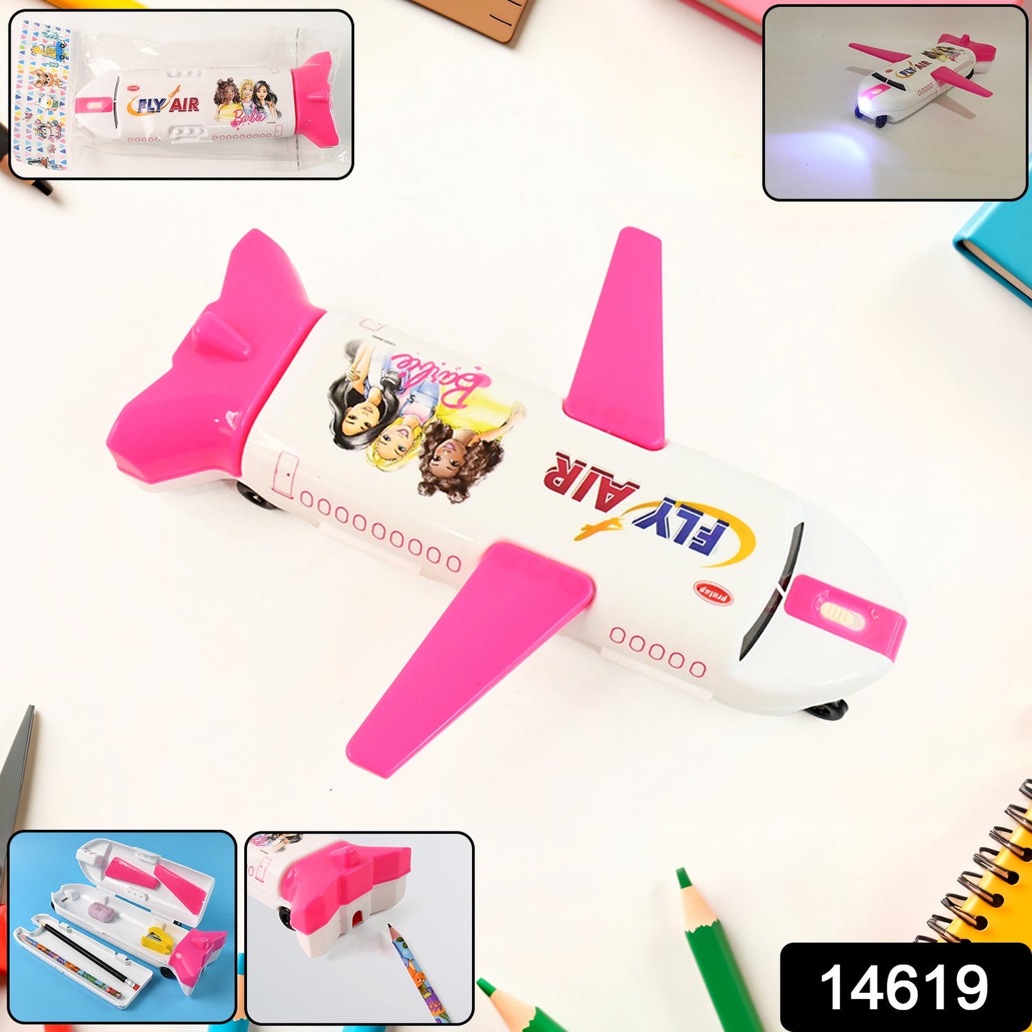 Kids' airplane-shaped pencil box displaying its spacious interior.