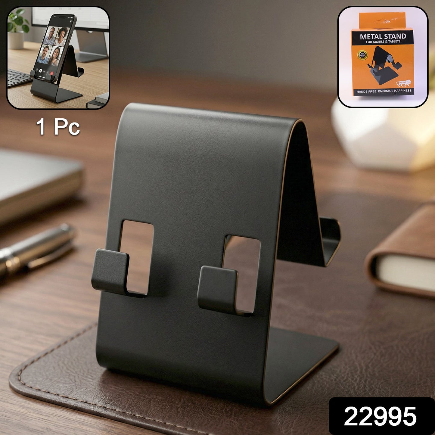 Black metal phone stand holding smartphone on desk for hands-free viewing