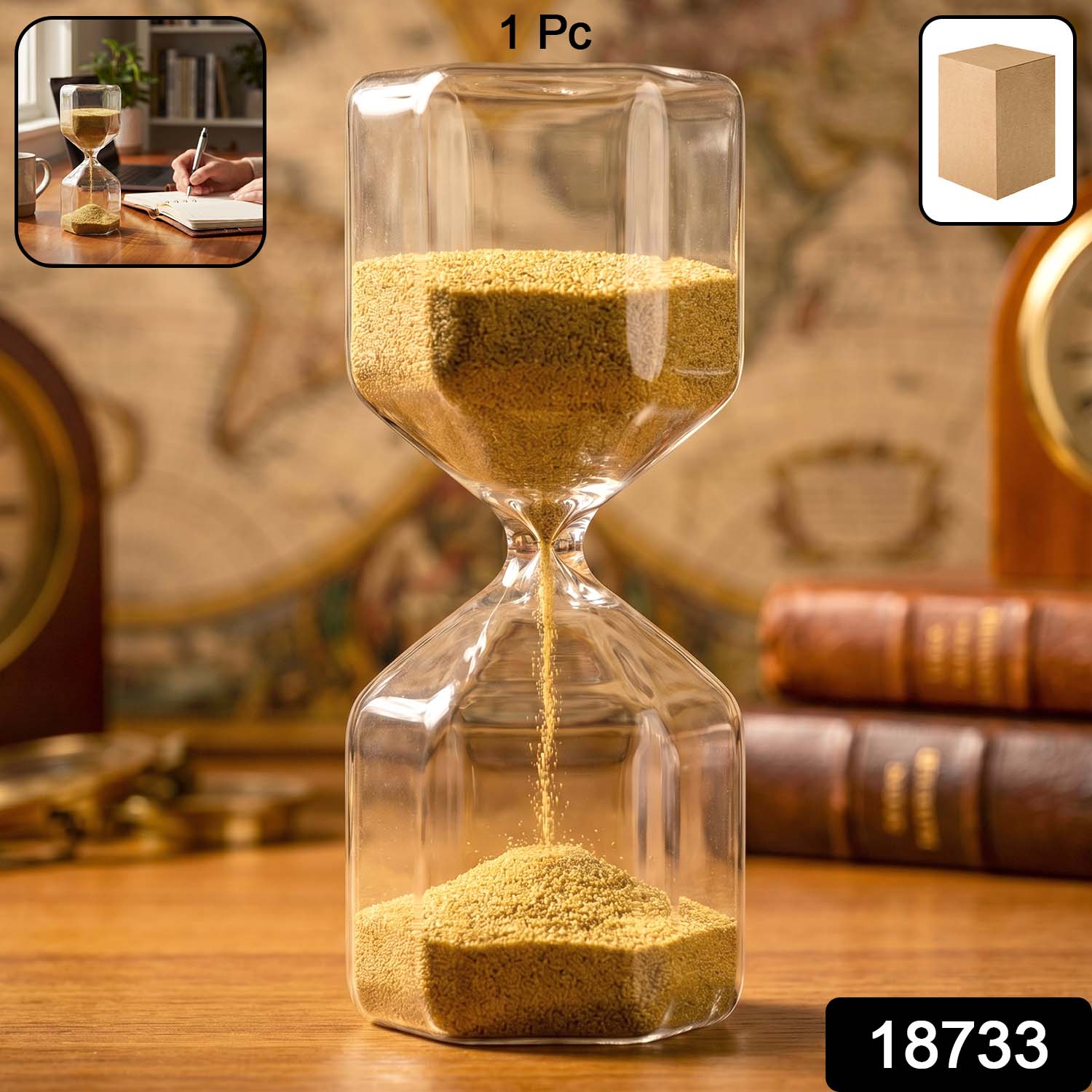 Side view of glass sand timer hourglass with flowing yellow sand
