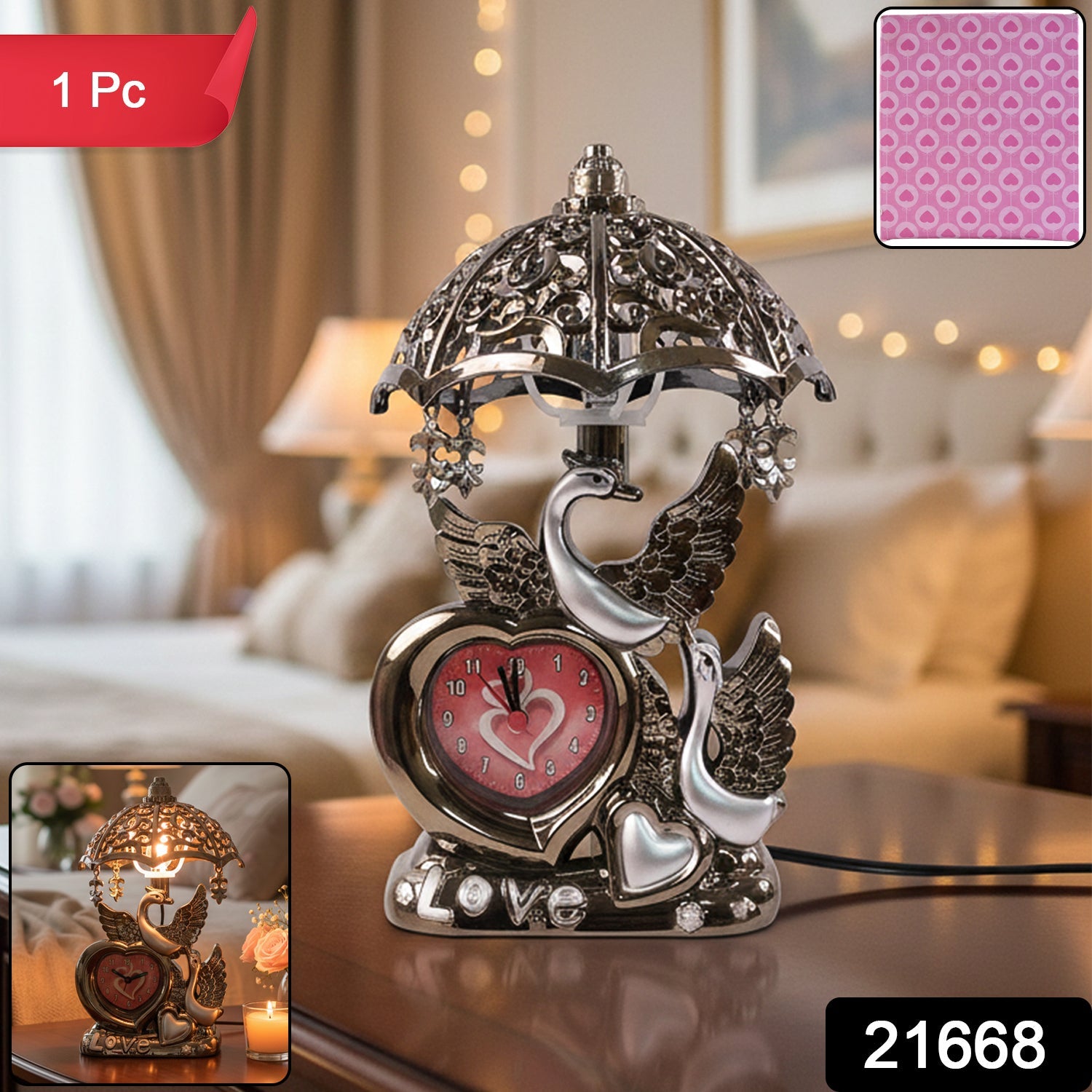 Close-up of heart-shaped analog clock on swan couple table lamp