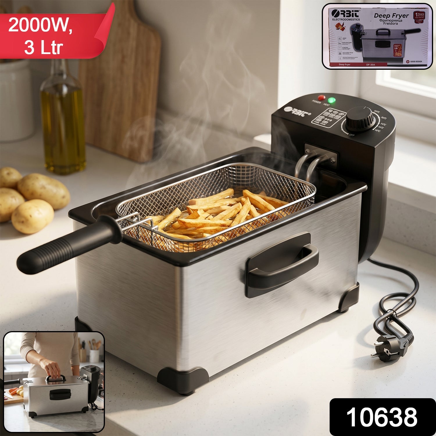 Orbit deep fryer showing 3 litre oil capacity and detachable basket