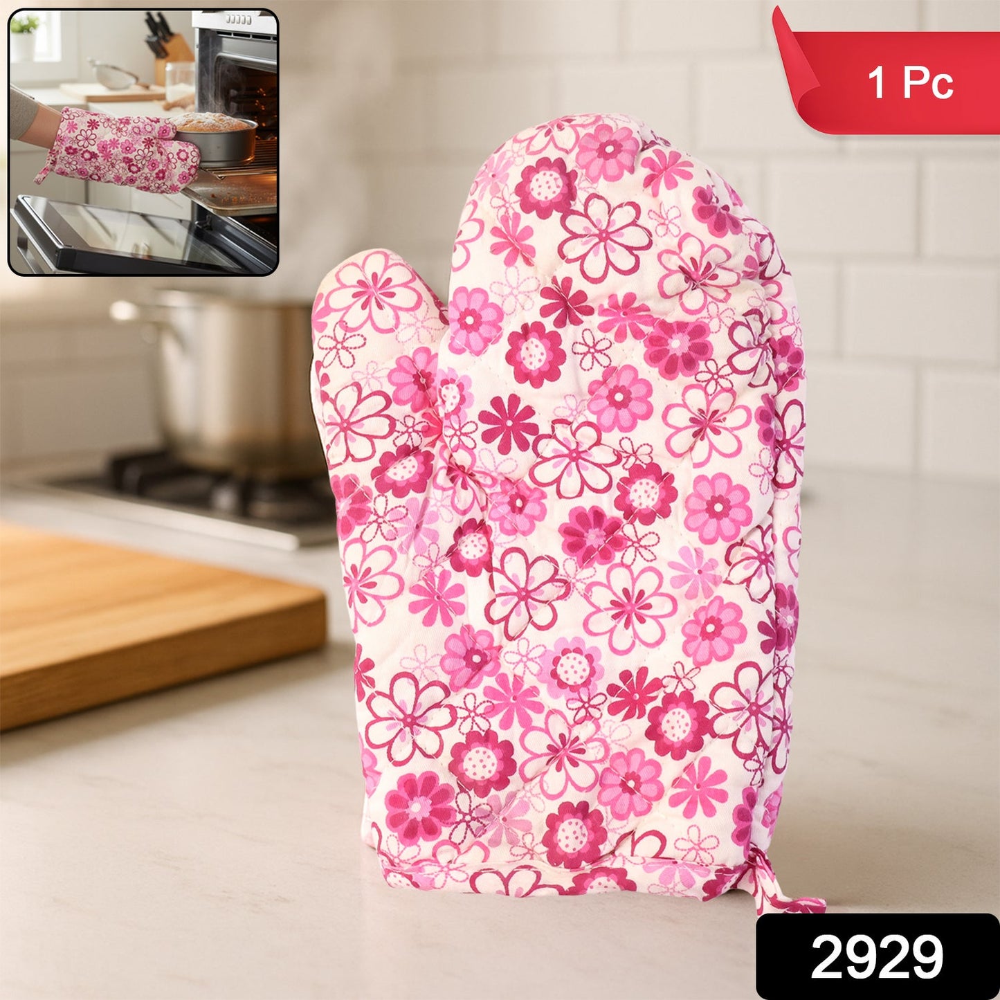 Close-up of the non-slip textured fabric of the designer oven mitt.