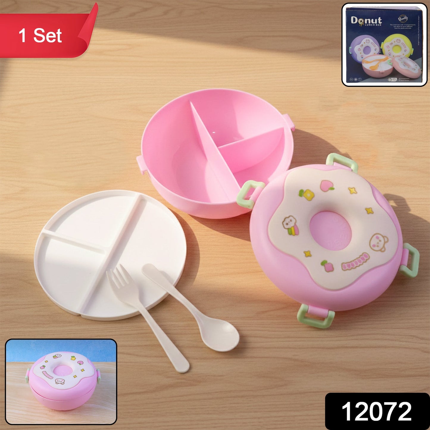 Close-up of the Donut Lunch Box showing three compartments and included spoon.