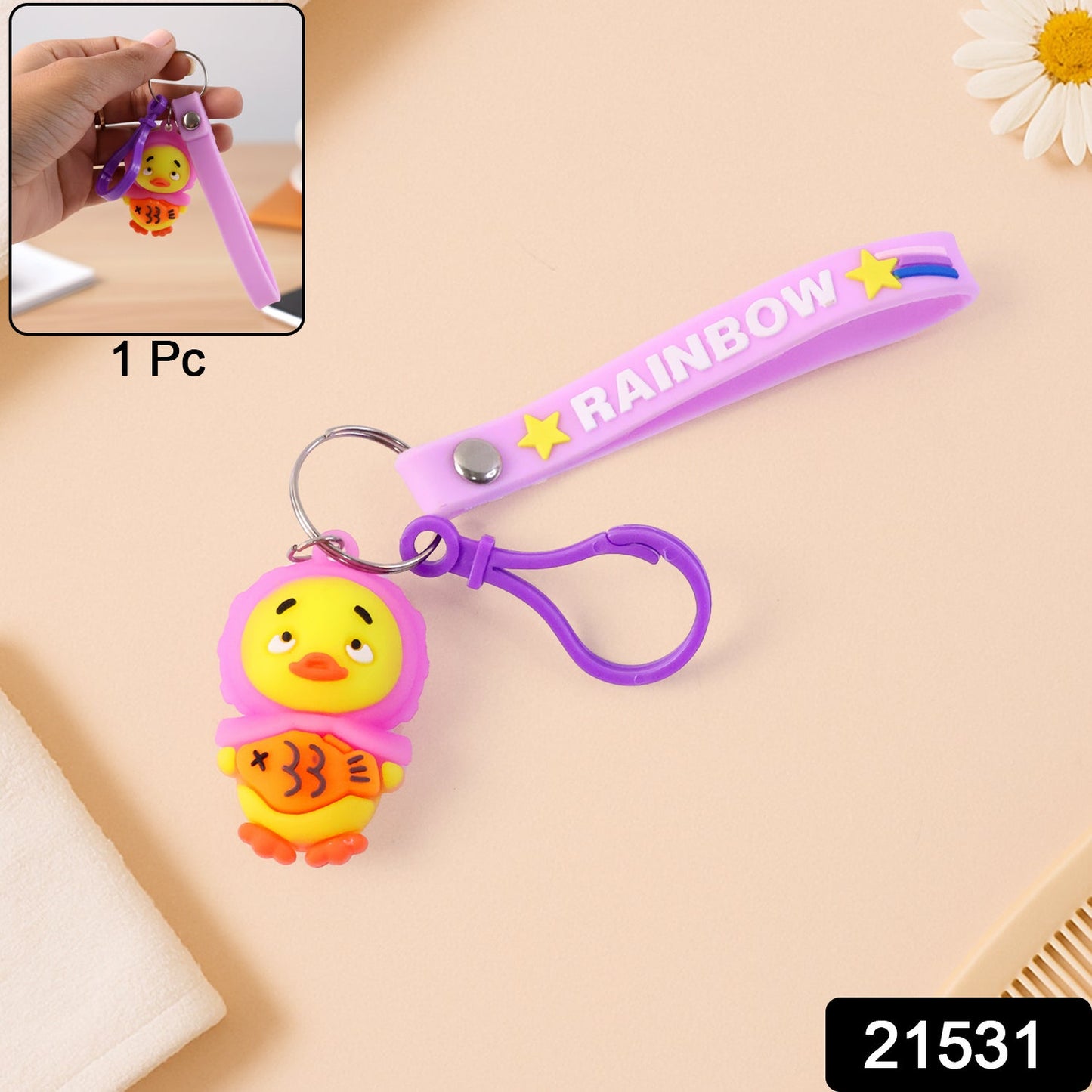 Close-up image of cartoon duck key ring with clip for bags