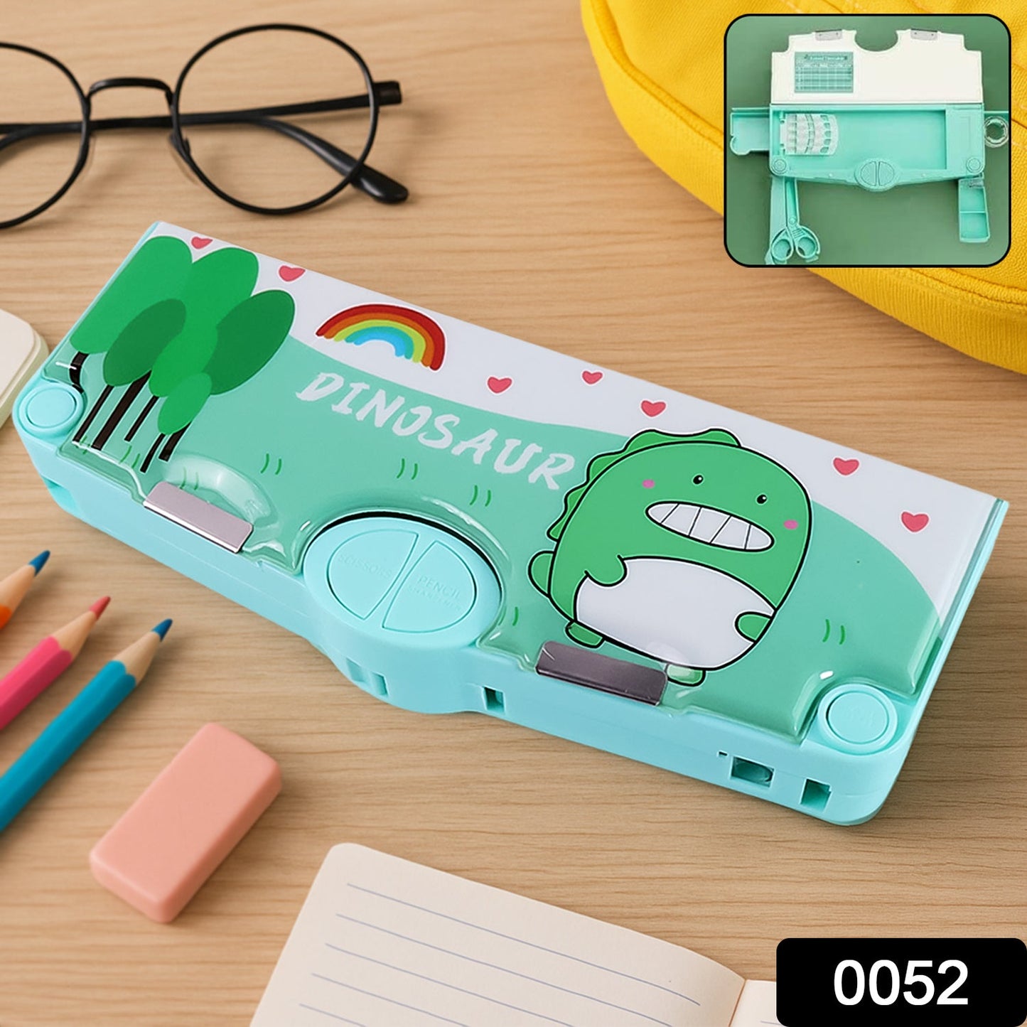 Interior compartments of the space-themed magnetic pencil box for school.
