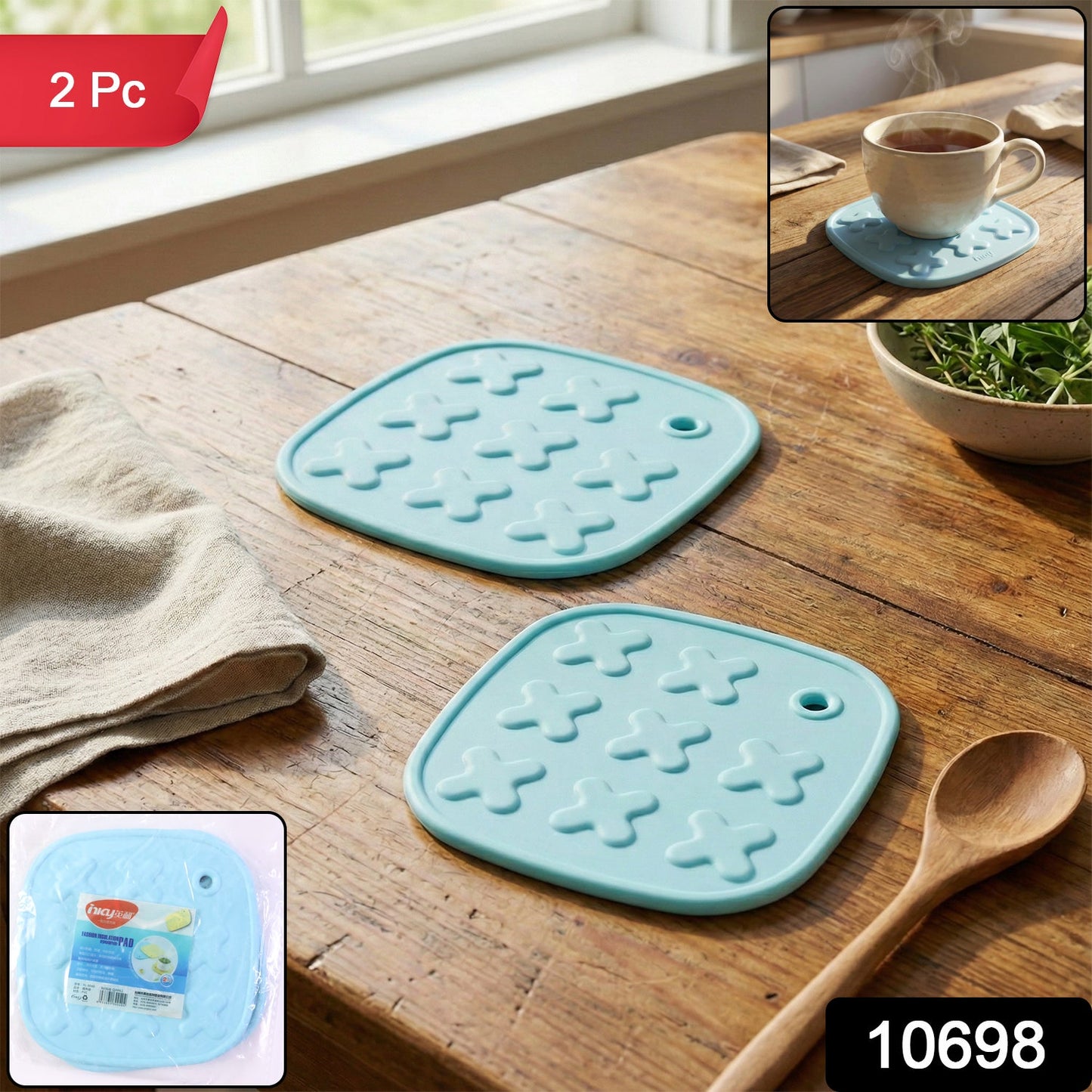 Pair of non-slip, heat-resistant silicone cup coasters and pot pads