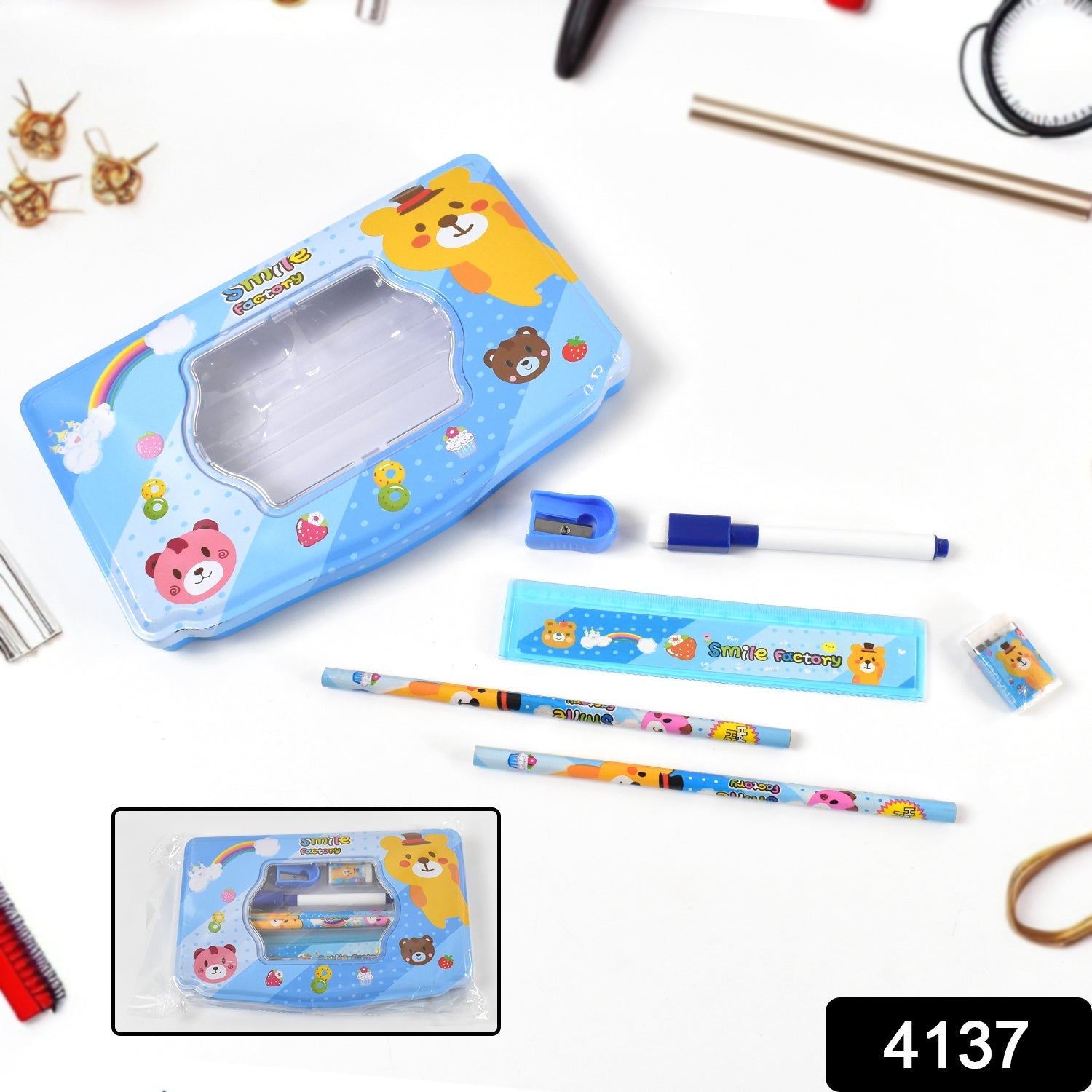 Open Kids Metal Compass Box displaying a pencil, eraser, sharpener, scale, and marker.