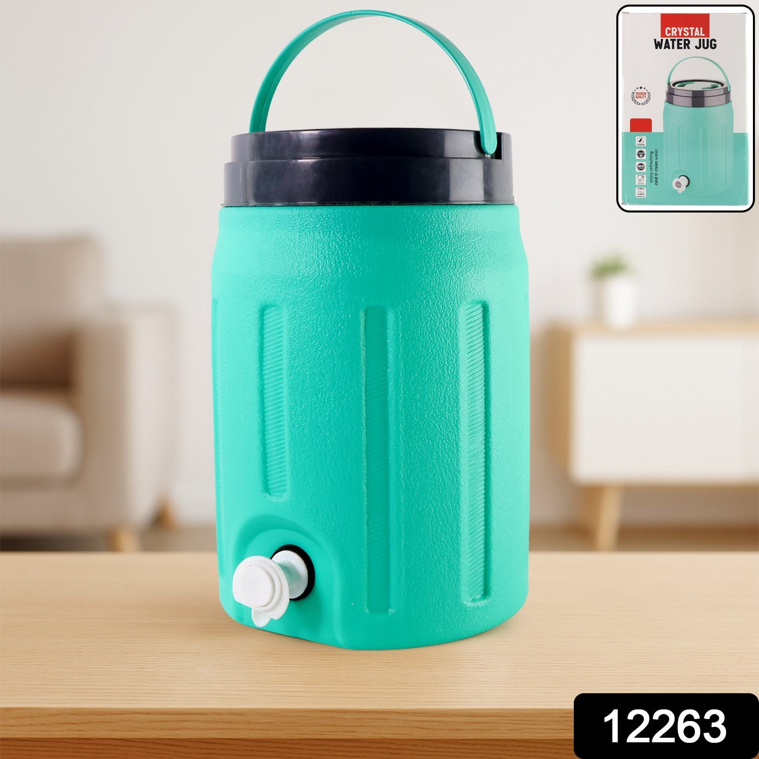Close-up view of 5.5L insulated water jug highlighting handle and design