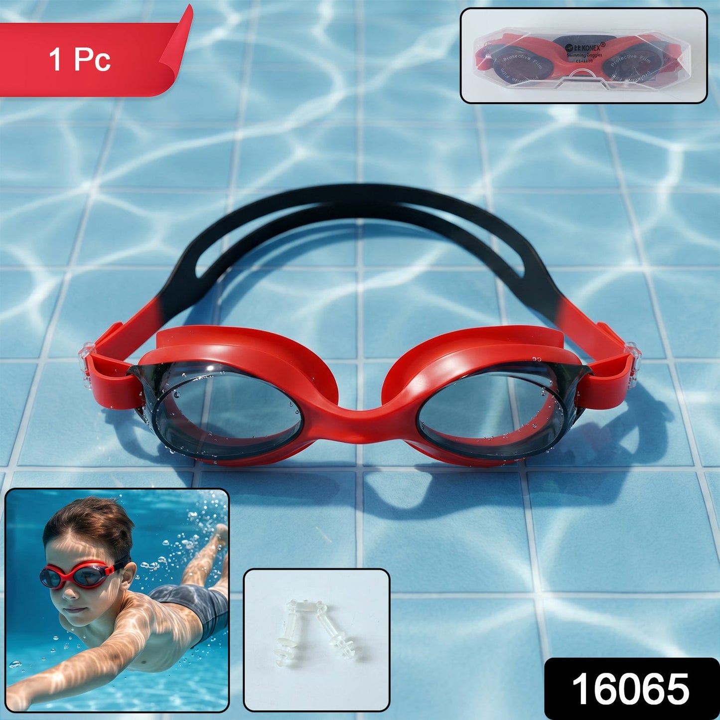 Close-up of red swimming goggles showing soft cushioning and adjustable strap