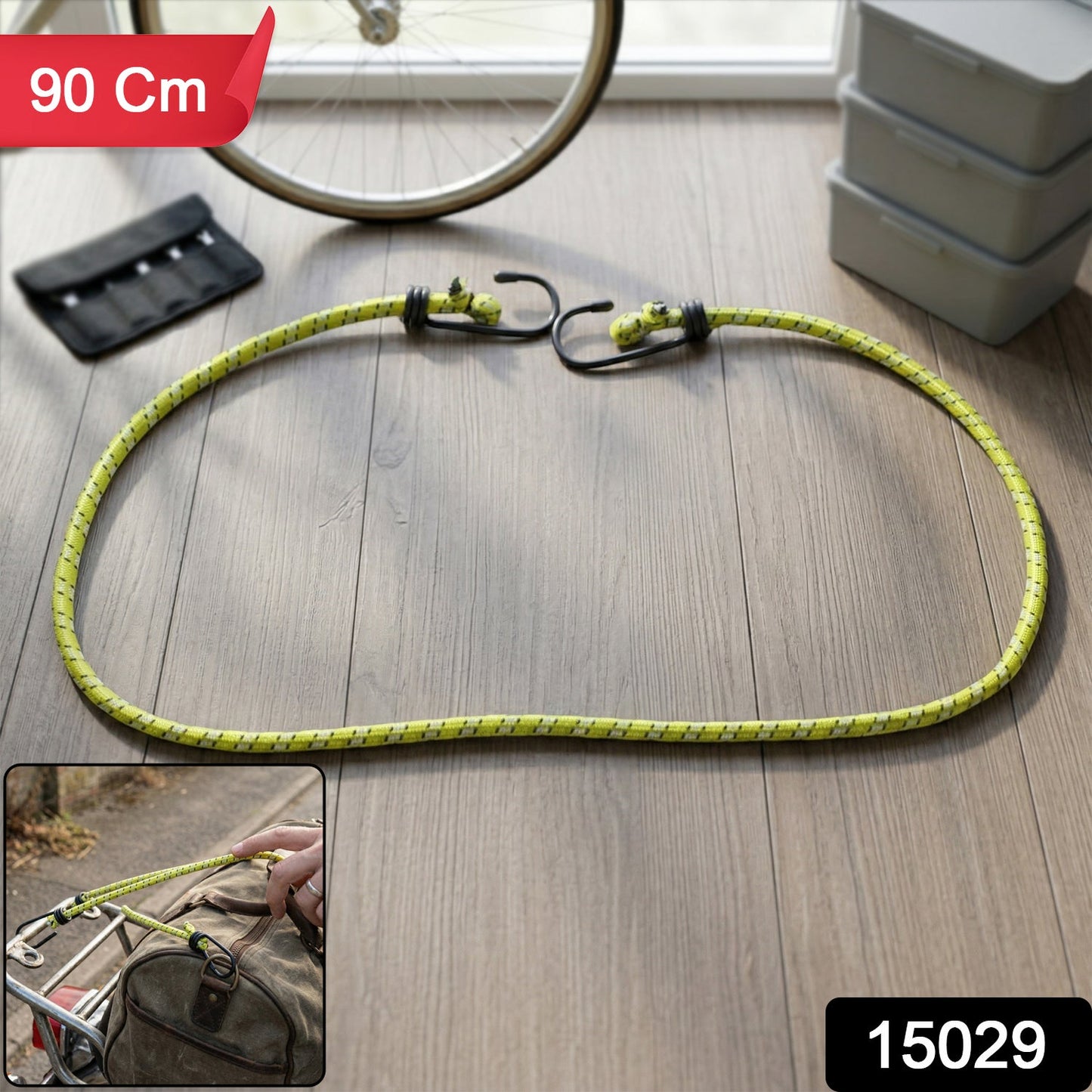 Elastic bungee cord securely tied with strong hooks