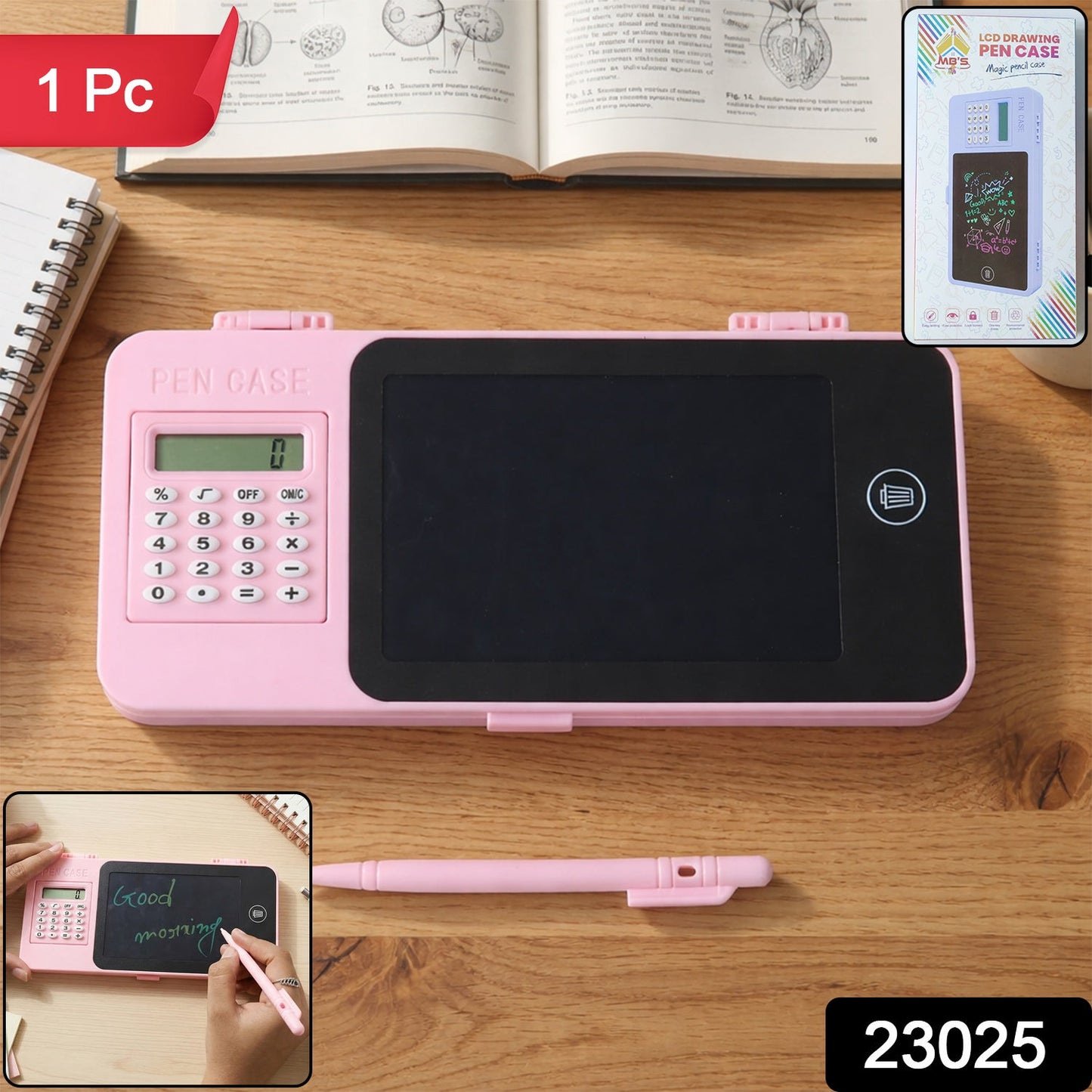 Calculator integrated in portable pencil case for quick calculations