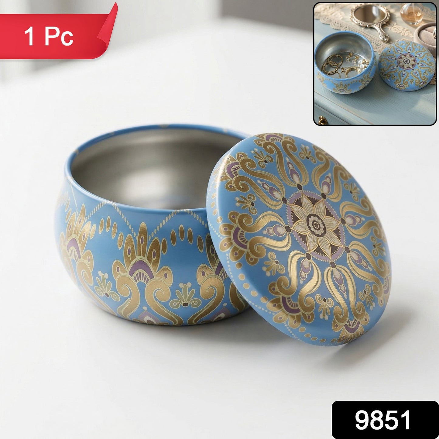 Mandala metal tin container used as organizer for candles or small items