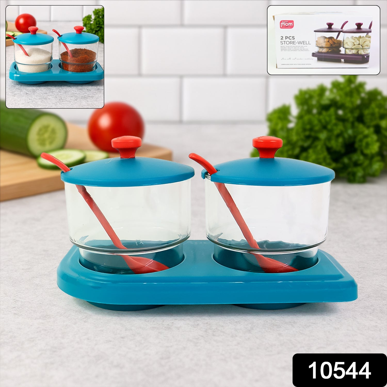 Transparent kitchen organizer containers with lids and serving spoons