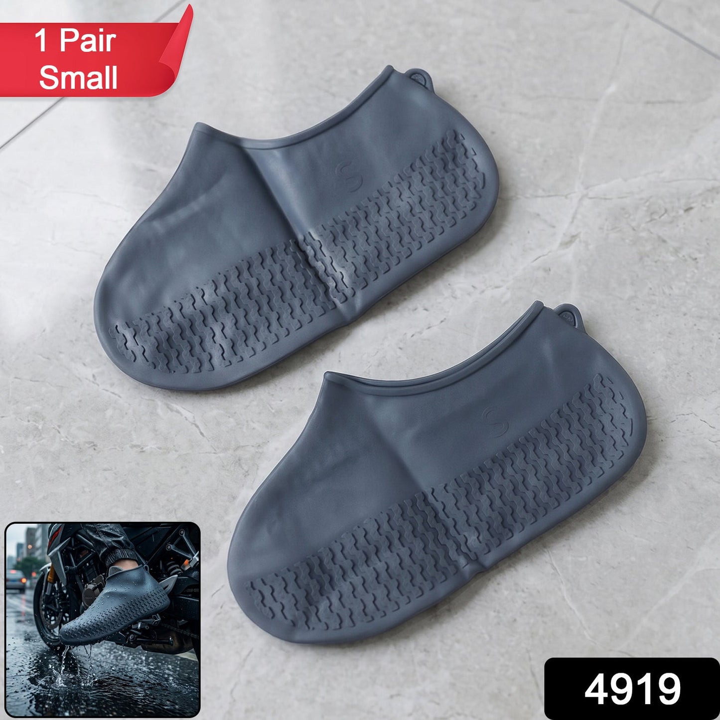 A pair of flexible, small silicone shoe covers displayed on a clean surface.